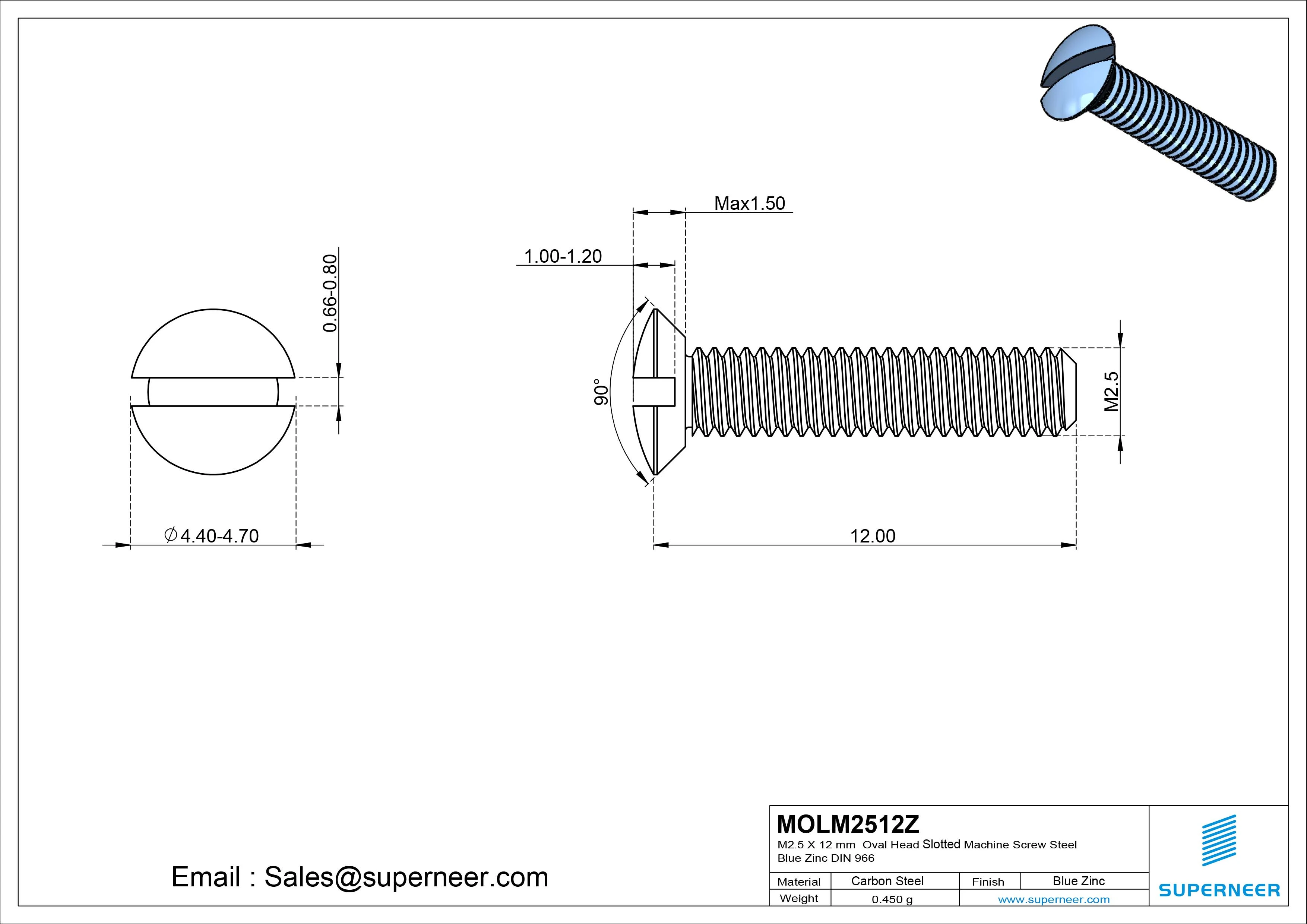 M2.5 x 12 mm Oval Head Slotted Machine Screw Steel Blue Zinc Plated DIN 964
