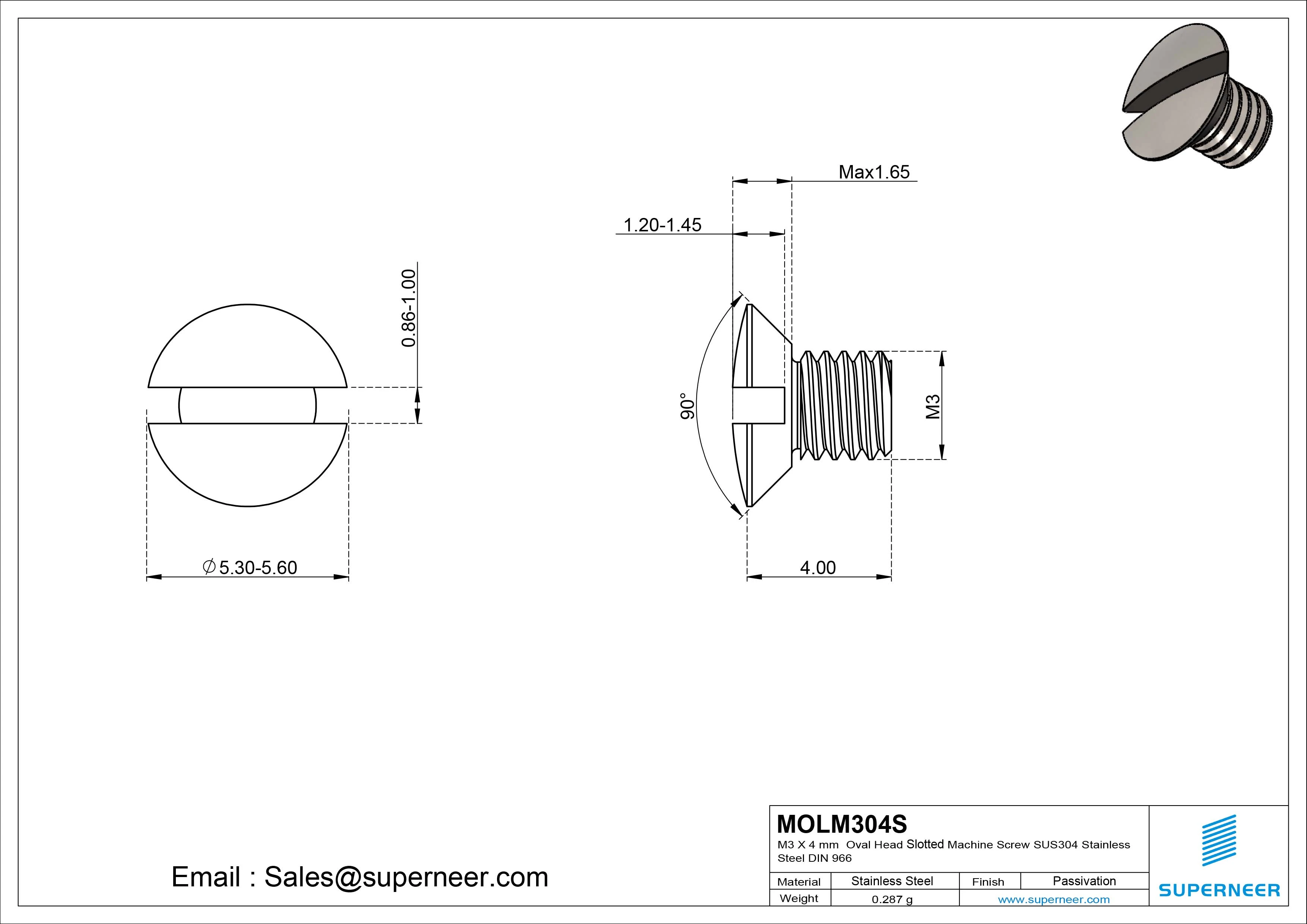 M3 x 4 mm Oval Head Slotted Machine Screw SUS304 Stainless Steel Inox DIN 964