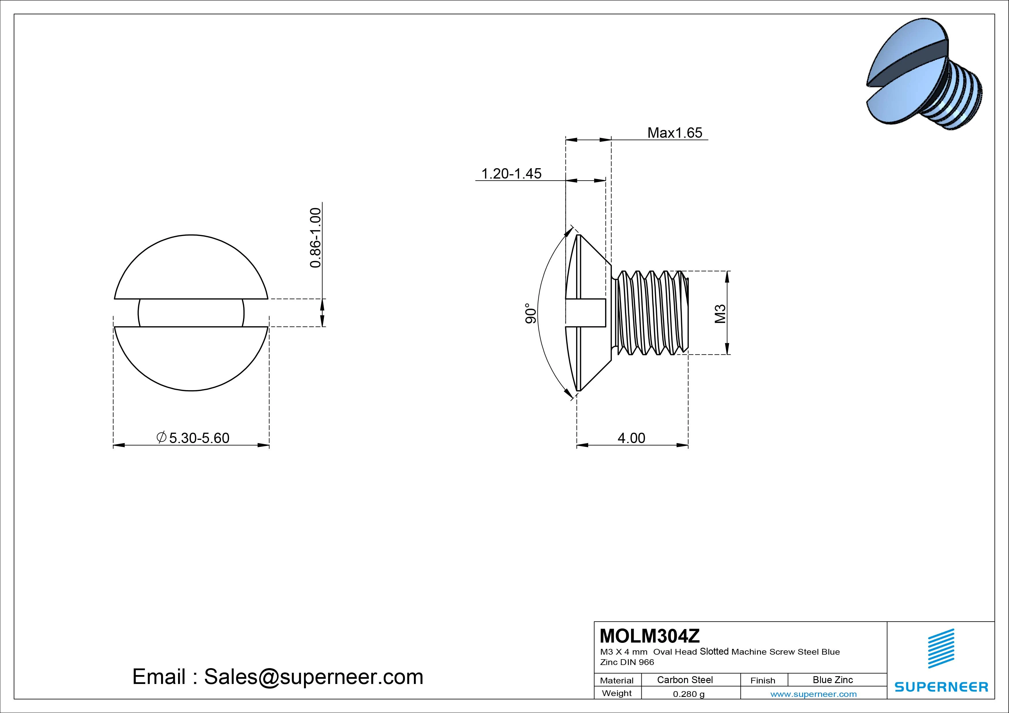 M3 x 4 mm Oval Head Slotted Machine Screw Steel Blue Zinc Plated DIN 964