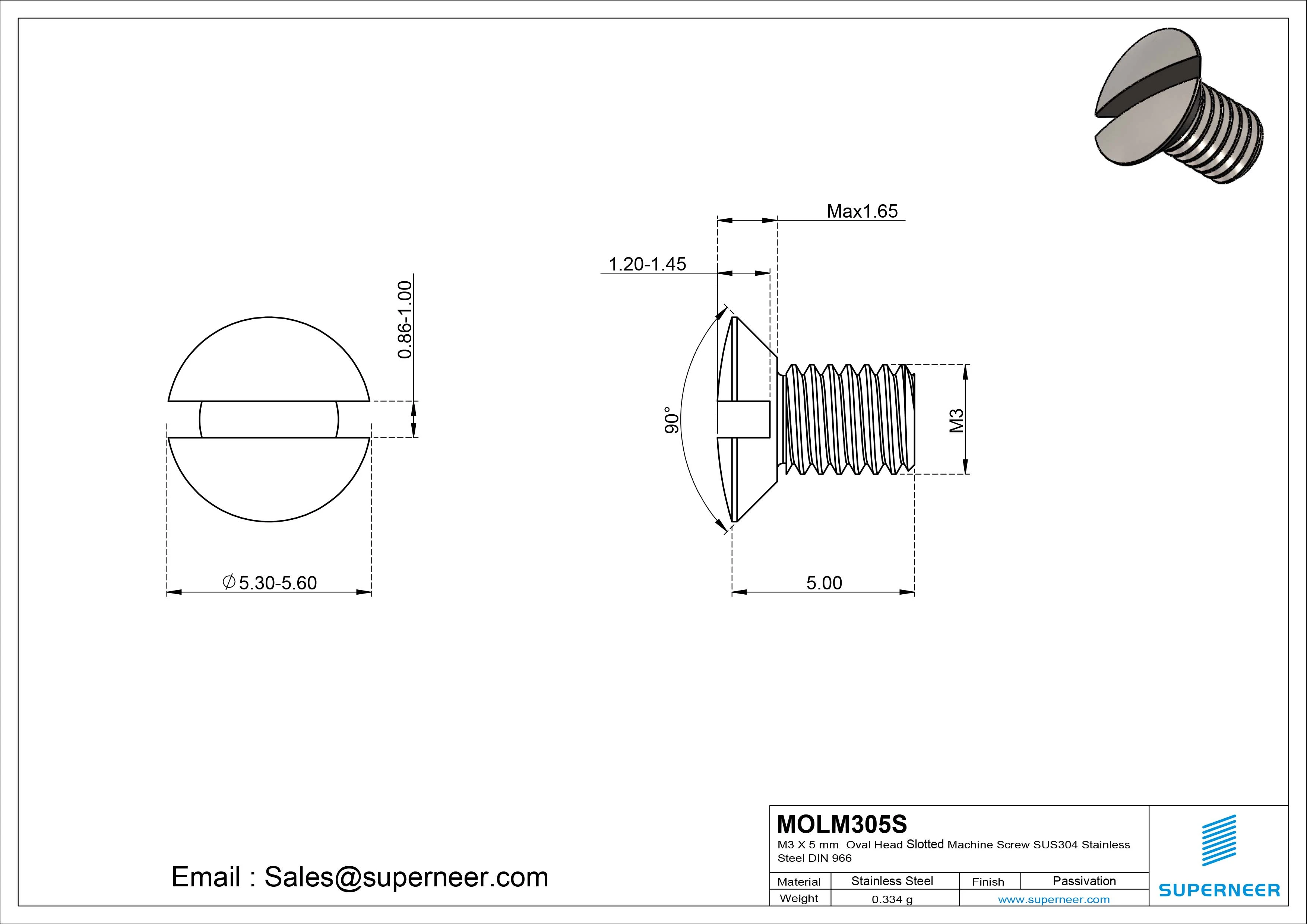 M3 x 5 mm Oval Head Slotted Machine Screw SUS304 Stainless Steel Inox DIN 964
