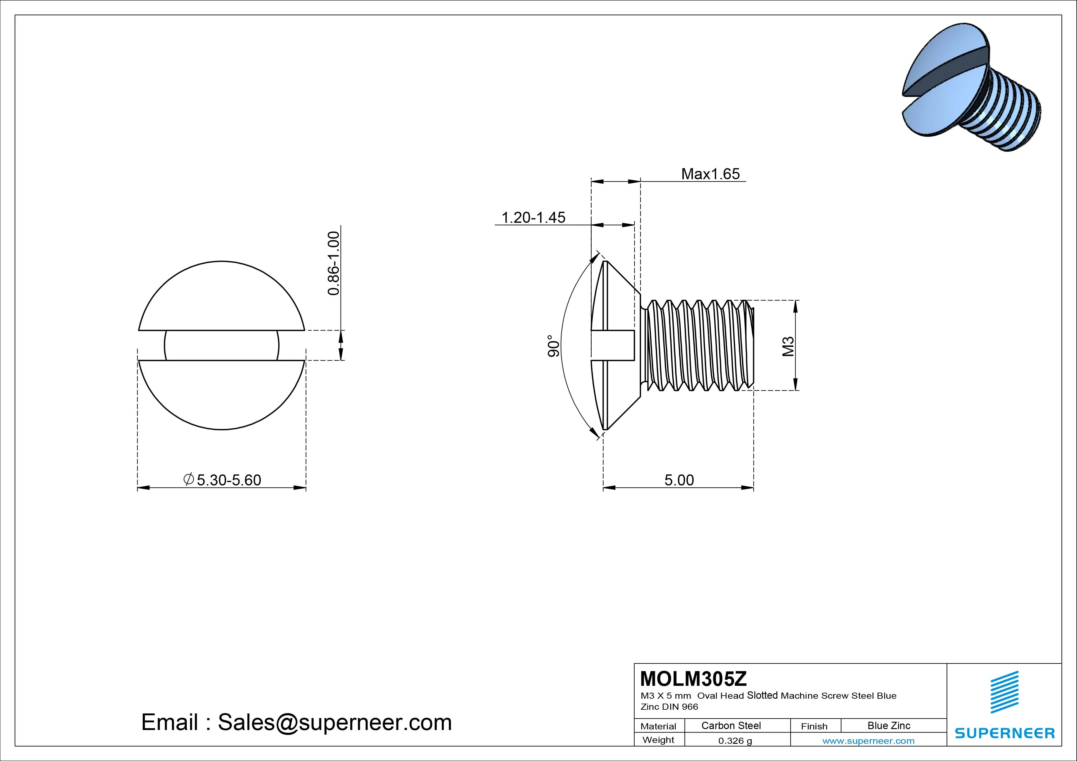M3 x 5 mm Oval Head Slotted Machine Screw Steel Blue Zinc Plated DIN 964