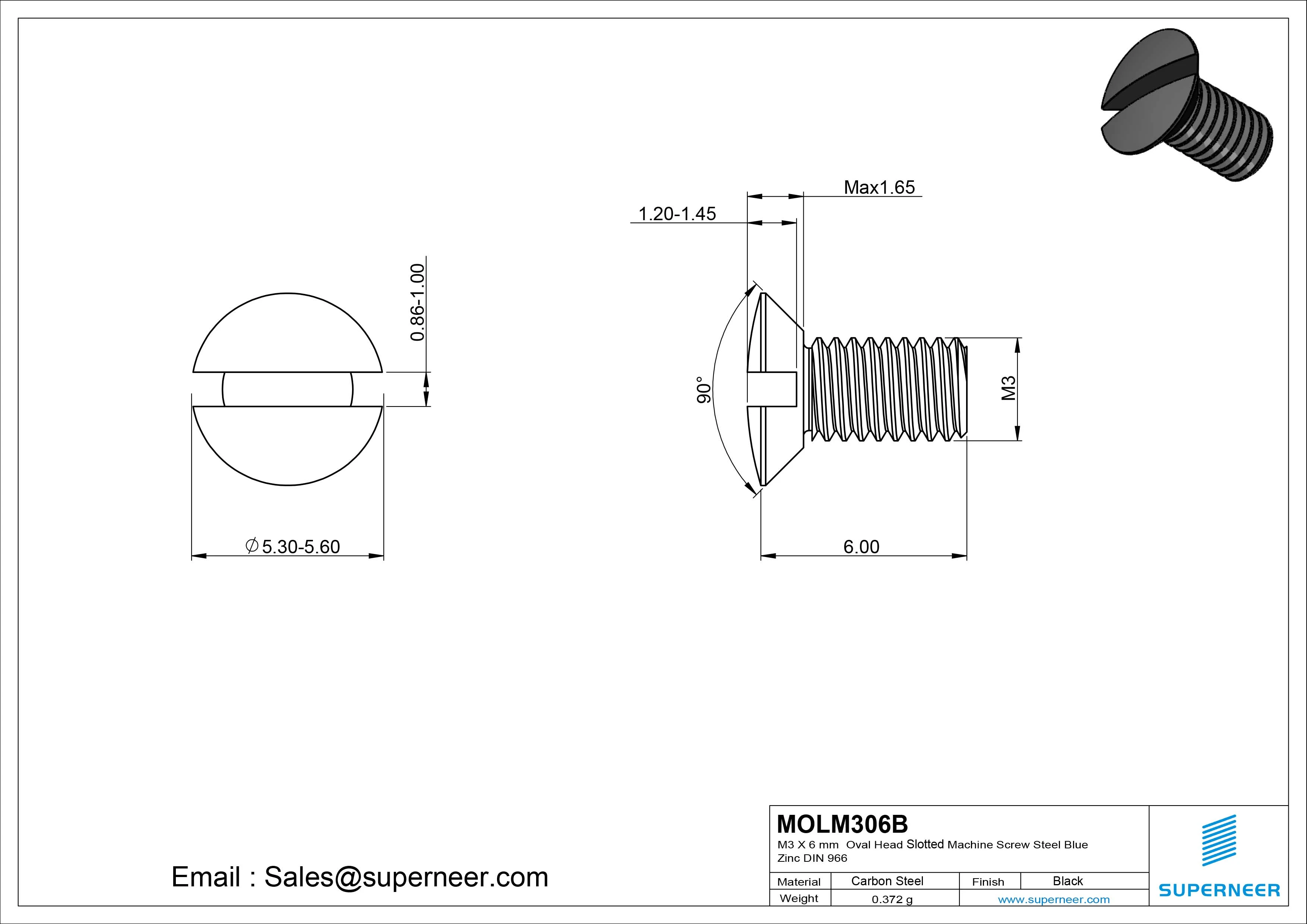M3 x 6 mm Oval Head Slotted Machine Screw Steel Black DIN 964