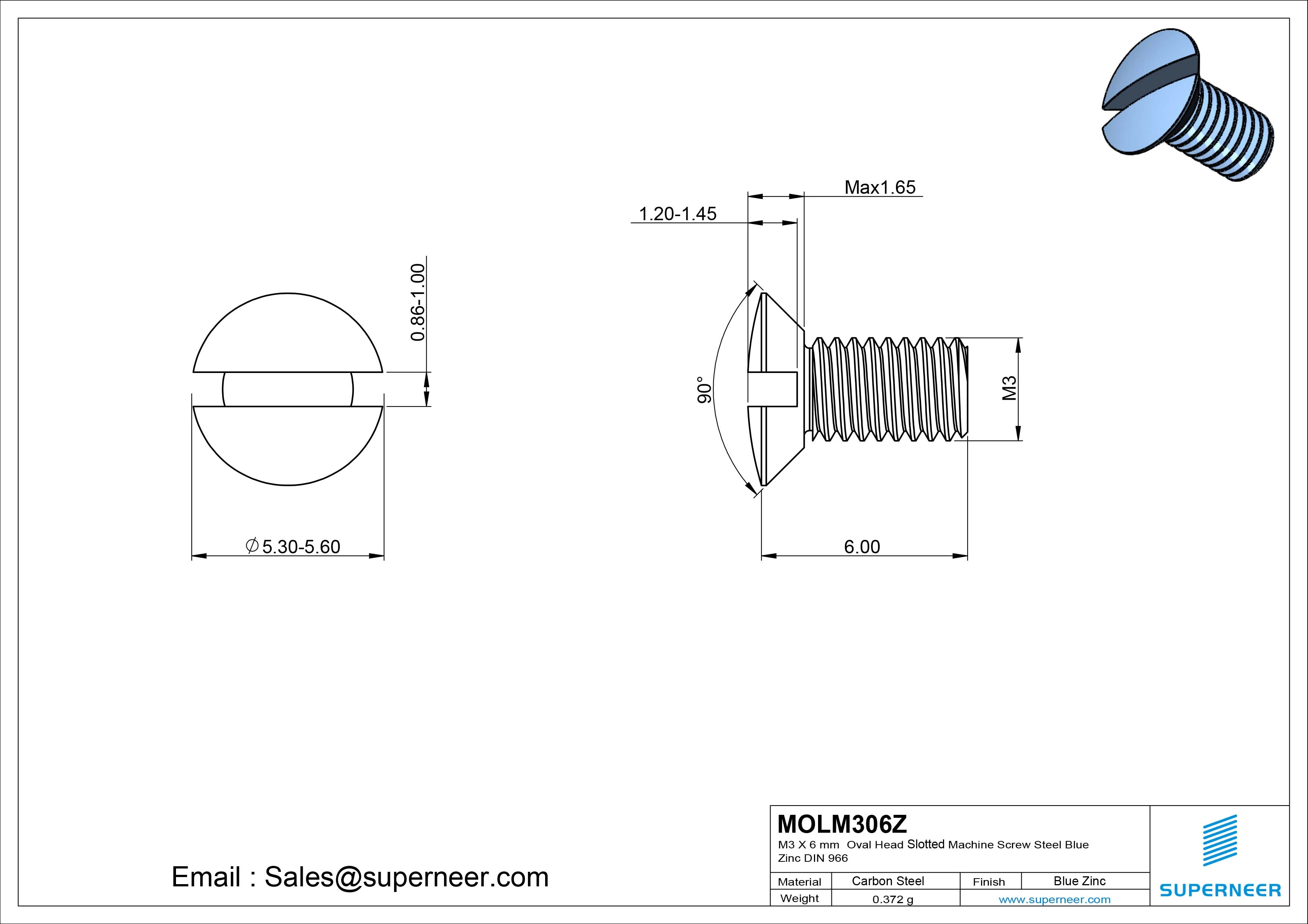 M3 x 6 mm Oval Head Slotted Machine Screw Steel Blue Zinc Plated DIN 964