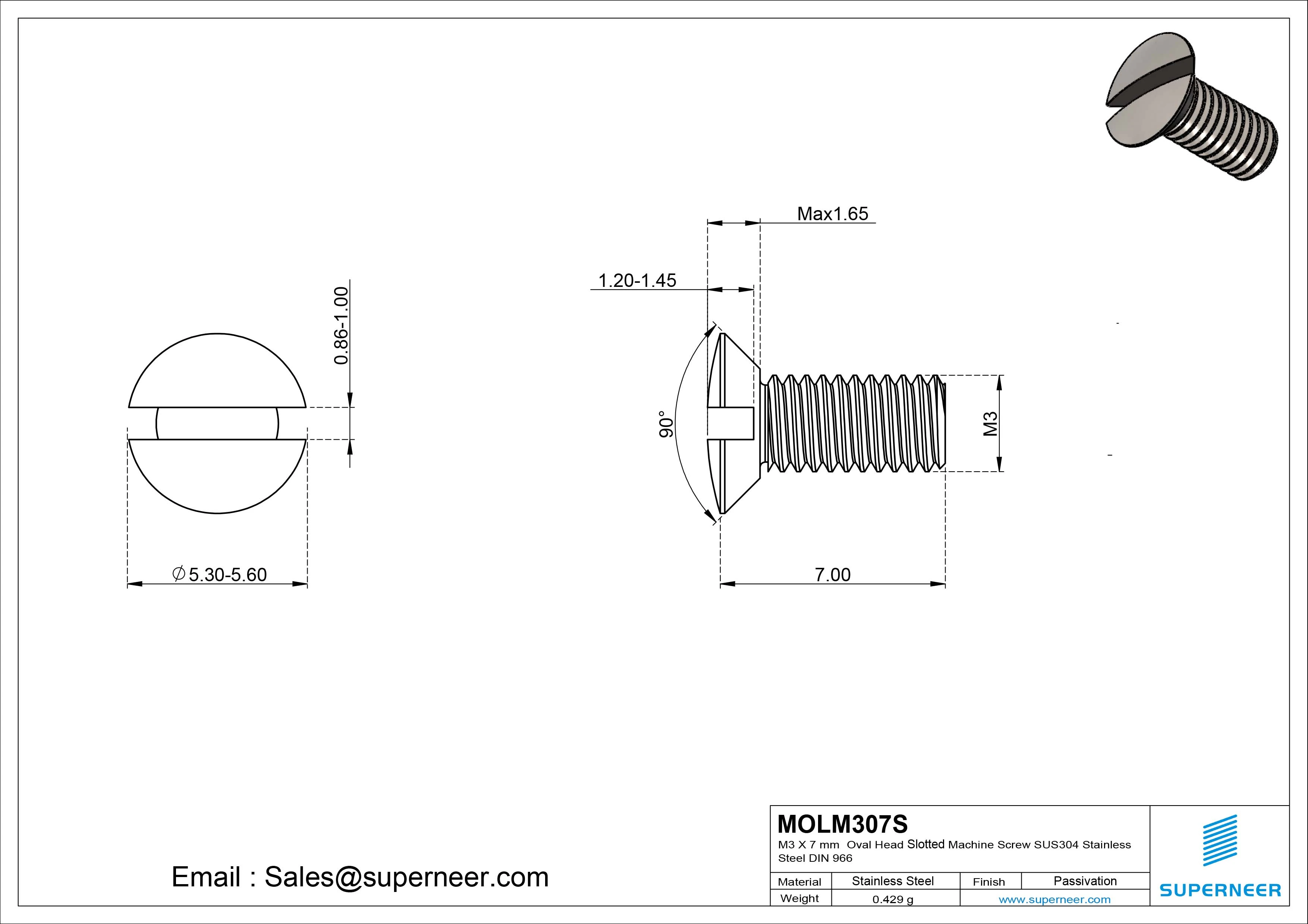 M3 x 7 mm Oval Head Slotted Machine Screw SUS304 Stainless Steel Inox DIN 964
