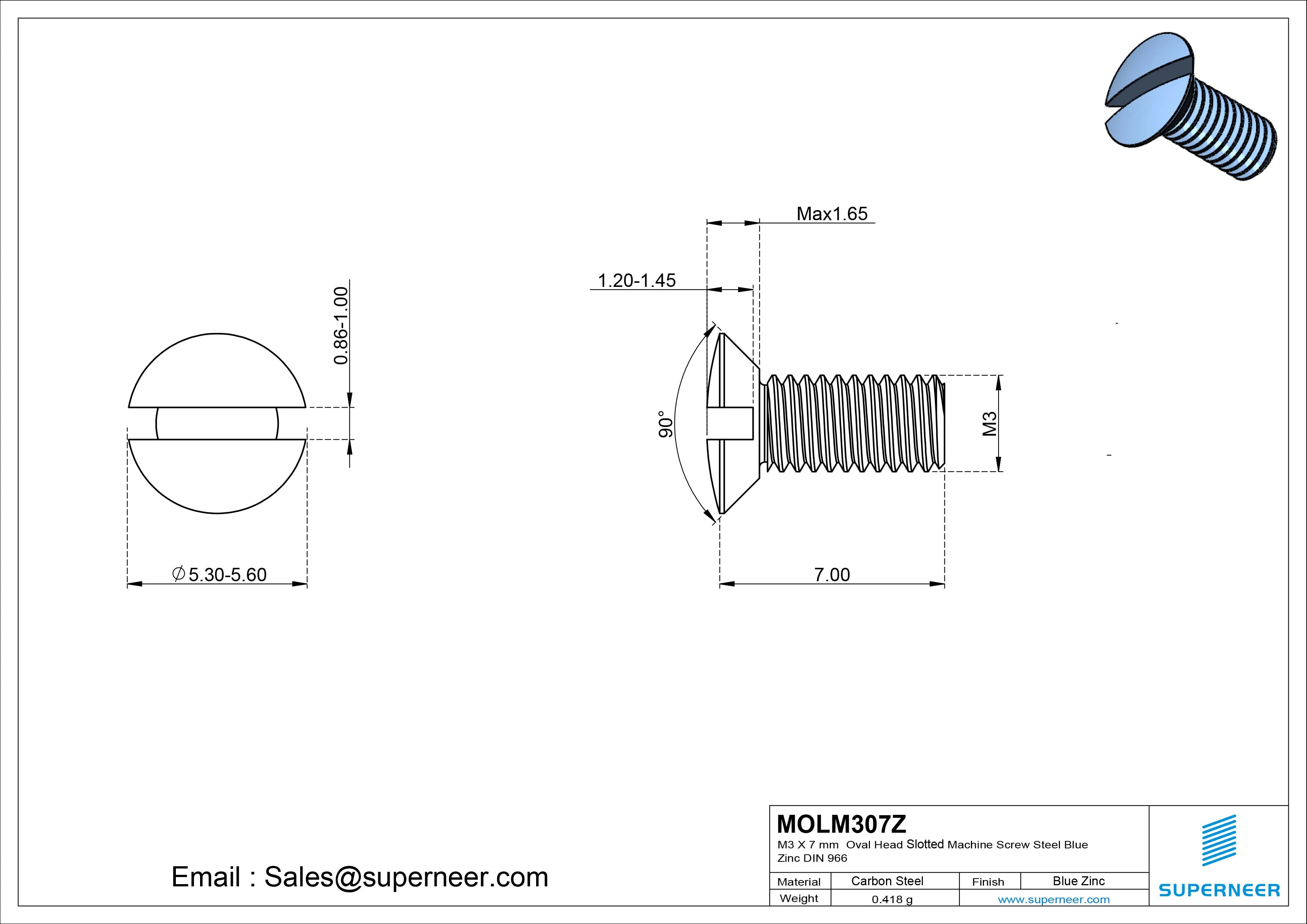M3 x 7 mm Oval Head Slotted Machine Screw Steel Blue Zinc Plated DIN 964