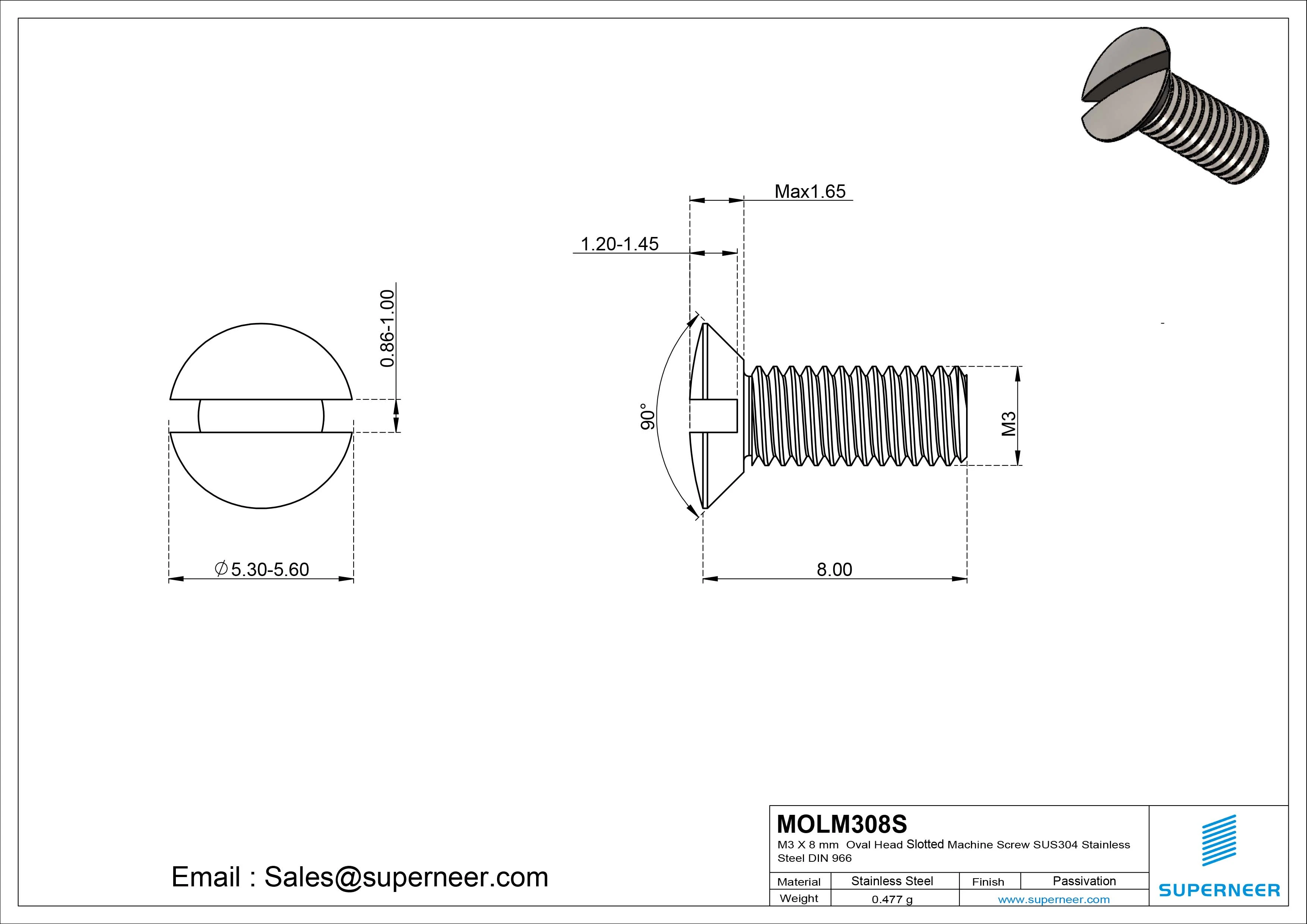 M3 x 8 mm Oval Head Slotted Machine Screw SUS304 Stainless Steel Inox DIN 964