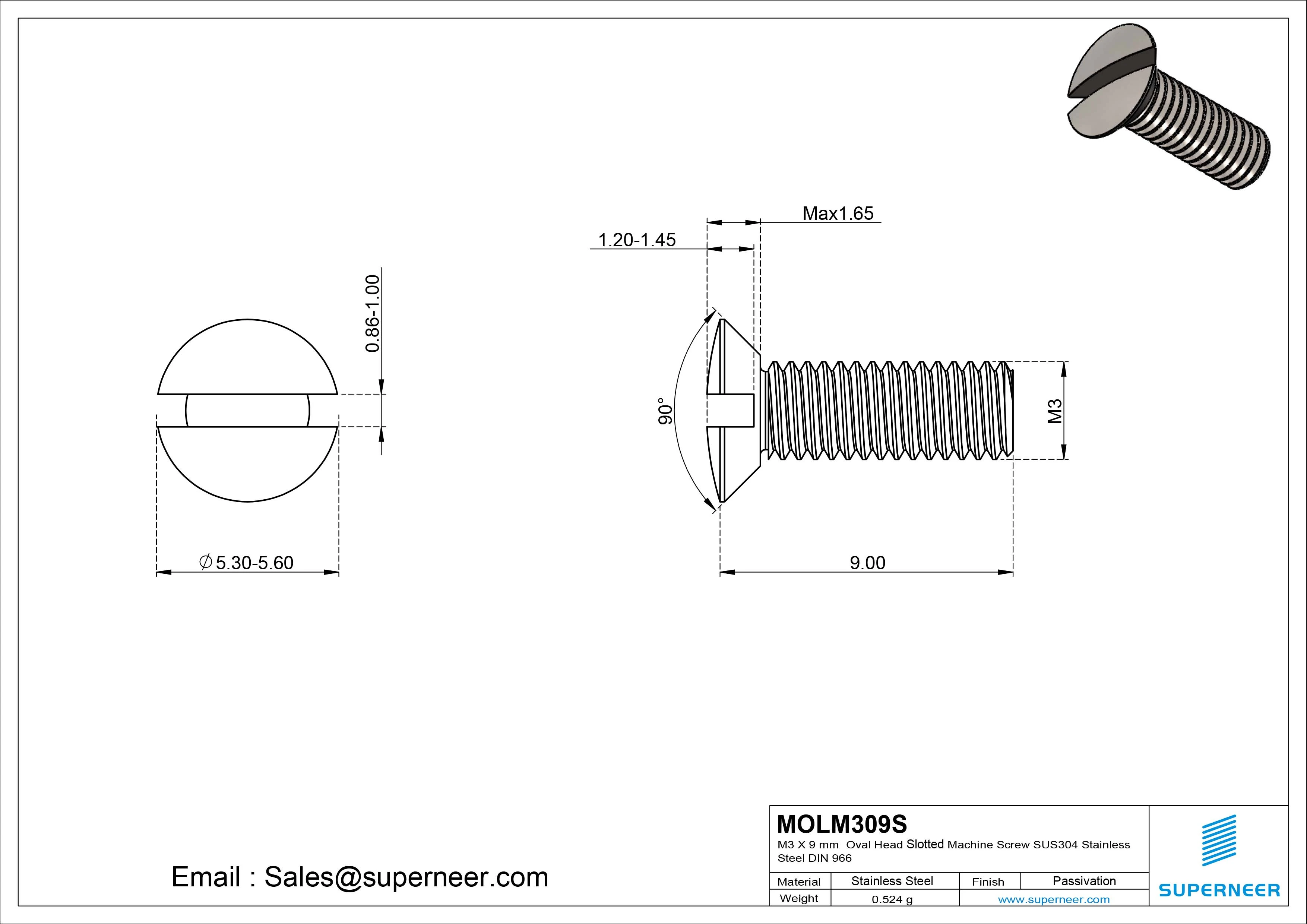 M3 x 9 mm Oval Head Slotted Machine Screw SUS304 Stainless Steel Inox DIN 964