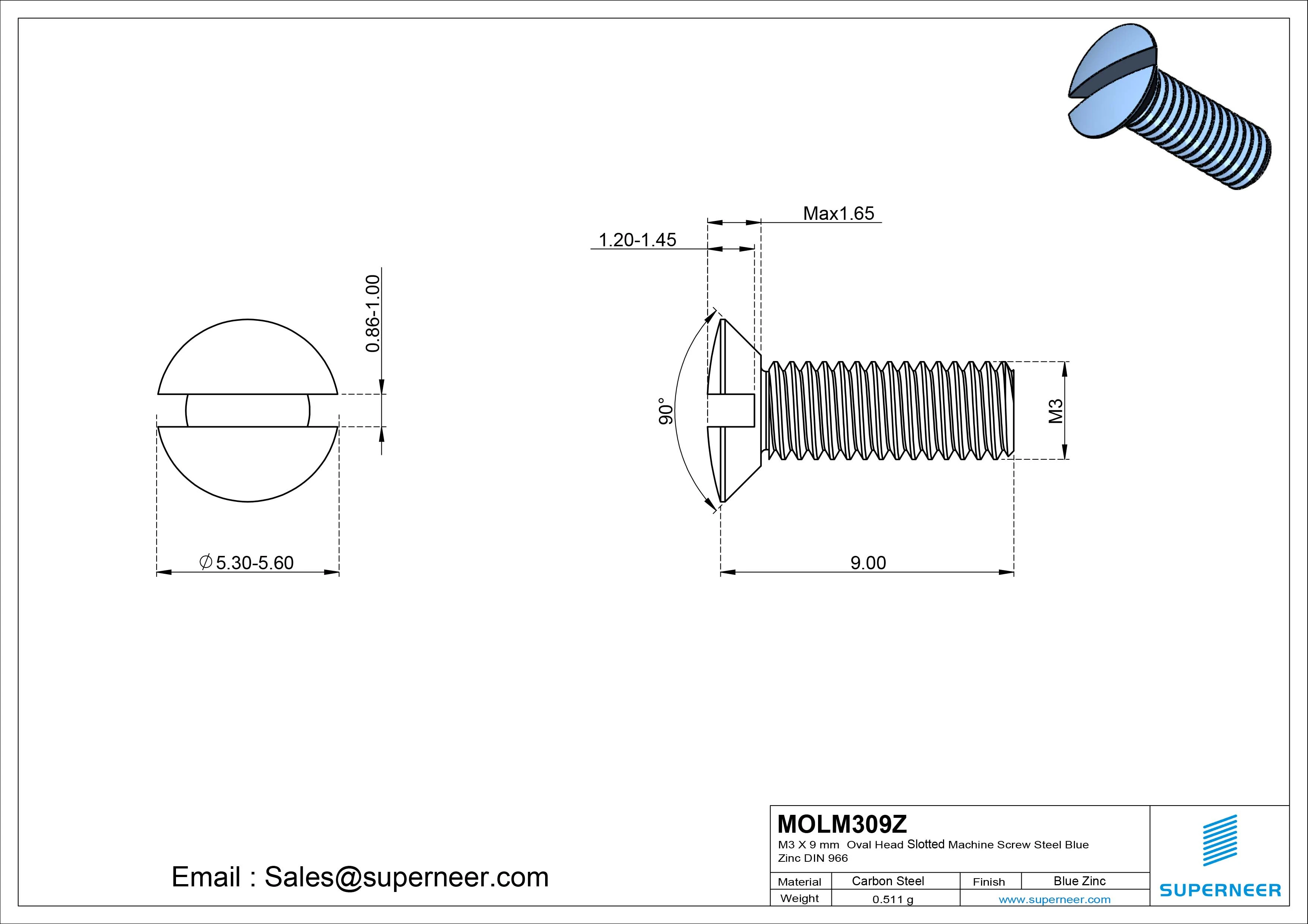 M3 x 9 mm Oval Head Slotted Machine Screw Steel Blue Zinc Plated DIN 964