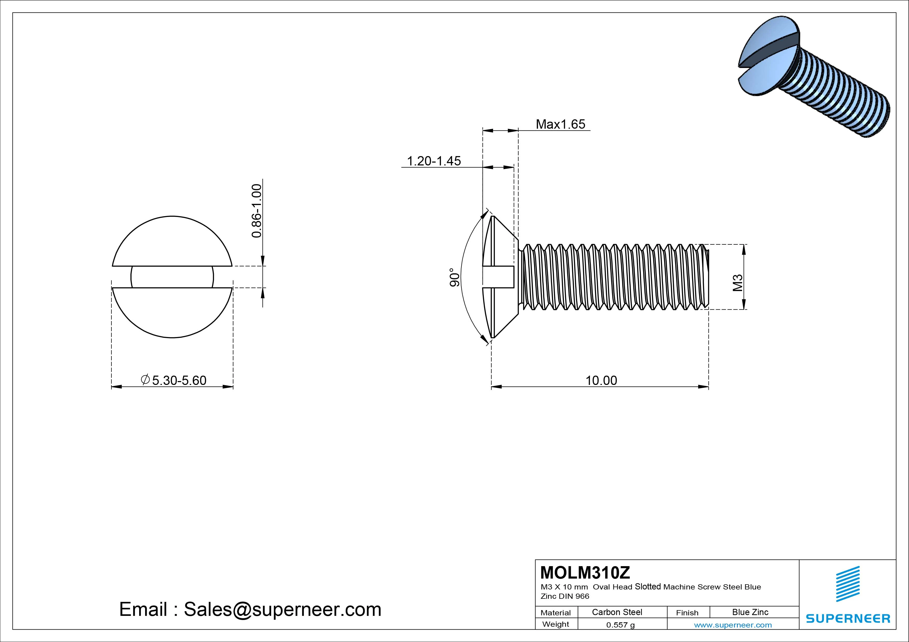 M3 x 10 mm Oval Head Slotted Machine Screw Steel Blue Zinc Plated DIN 964