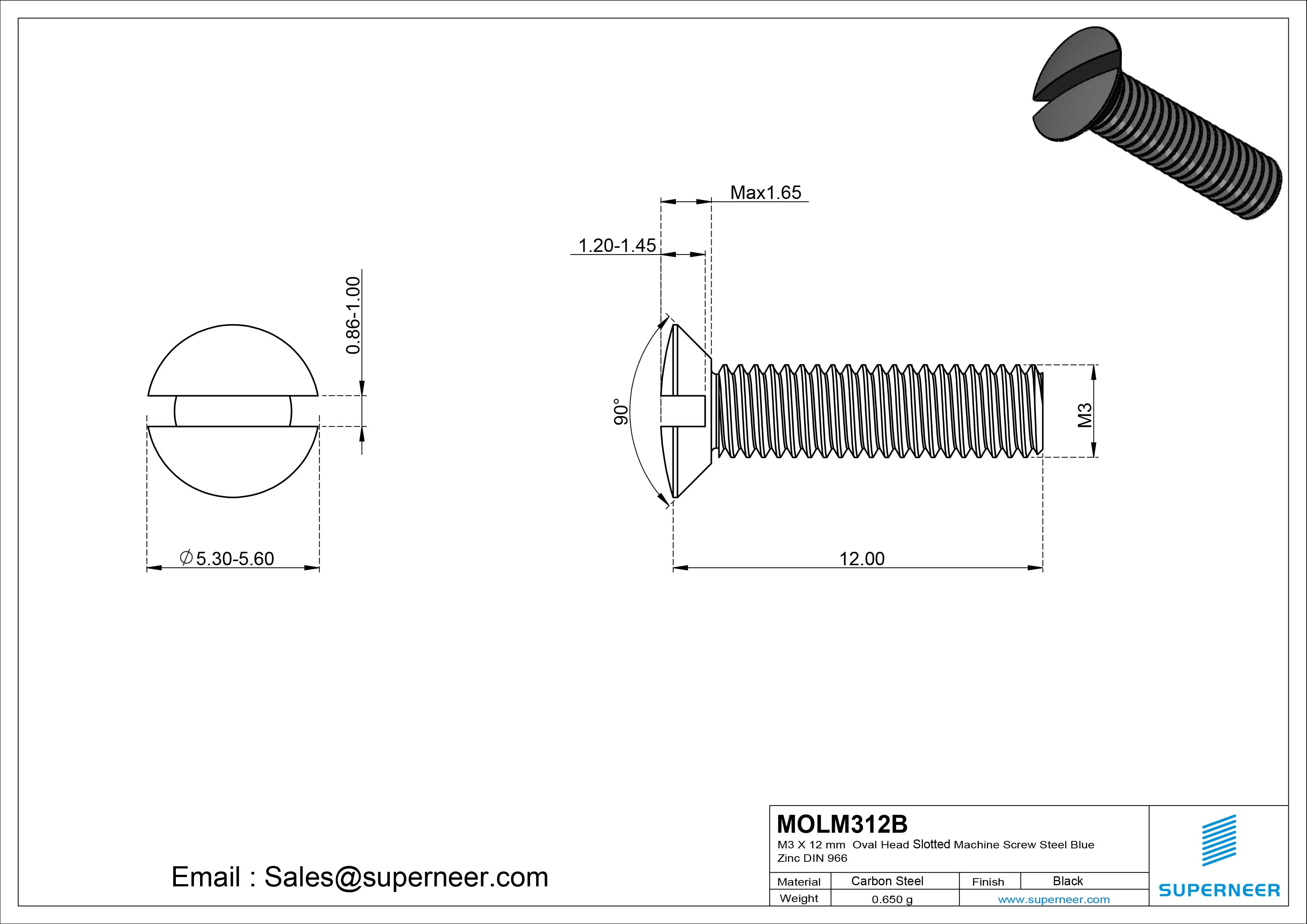 M3 x 12 mm Oval Head Slotted Machine Screw Steel Black DIN 964