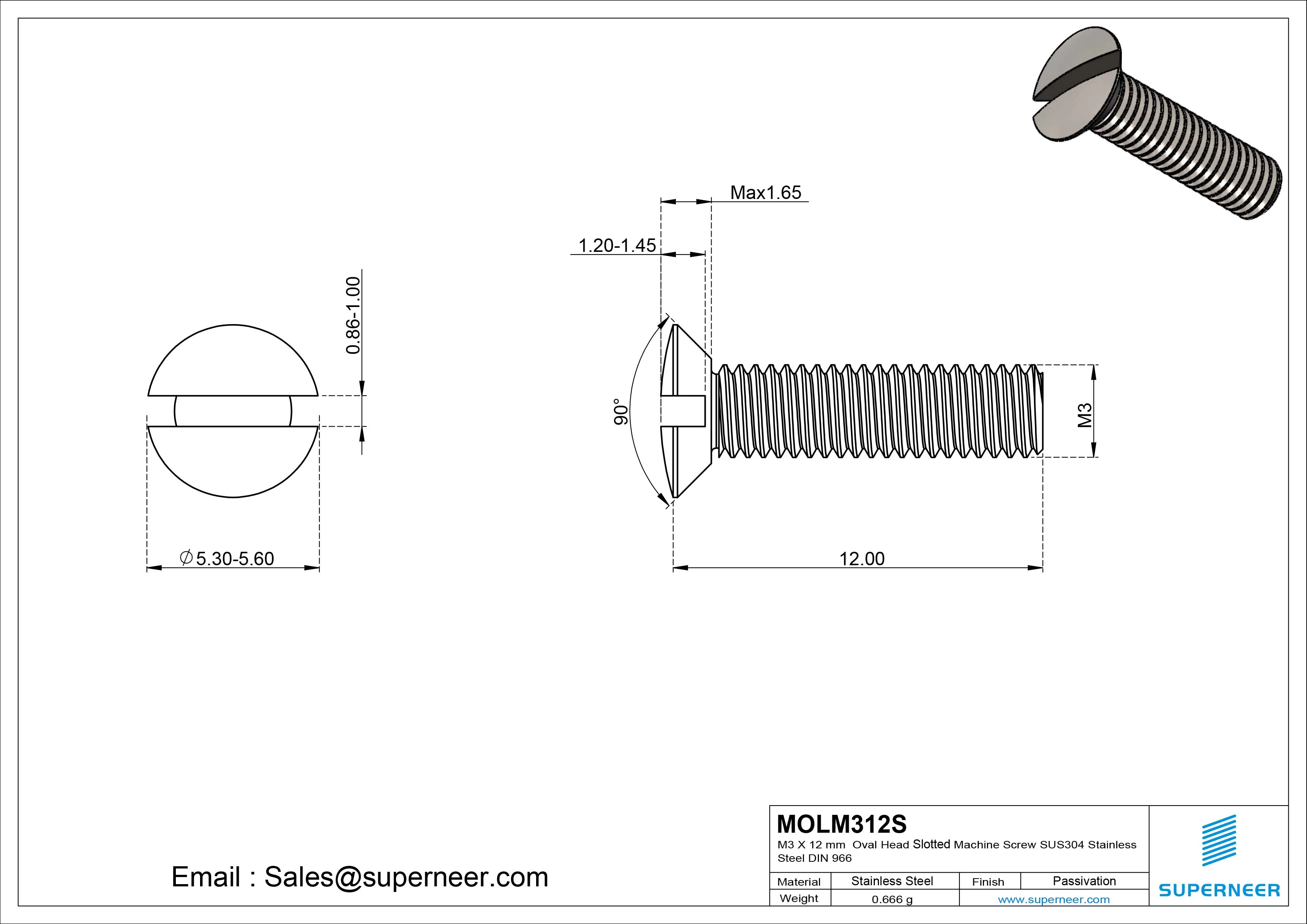 M3 x 12 mm Oval Head Slotted Machine Screw SUS304 Stainless Steel Inox DIN 964