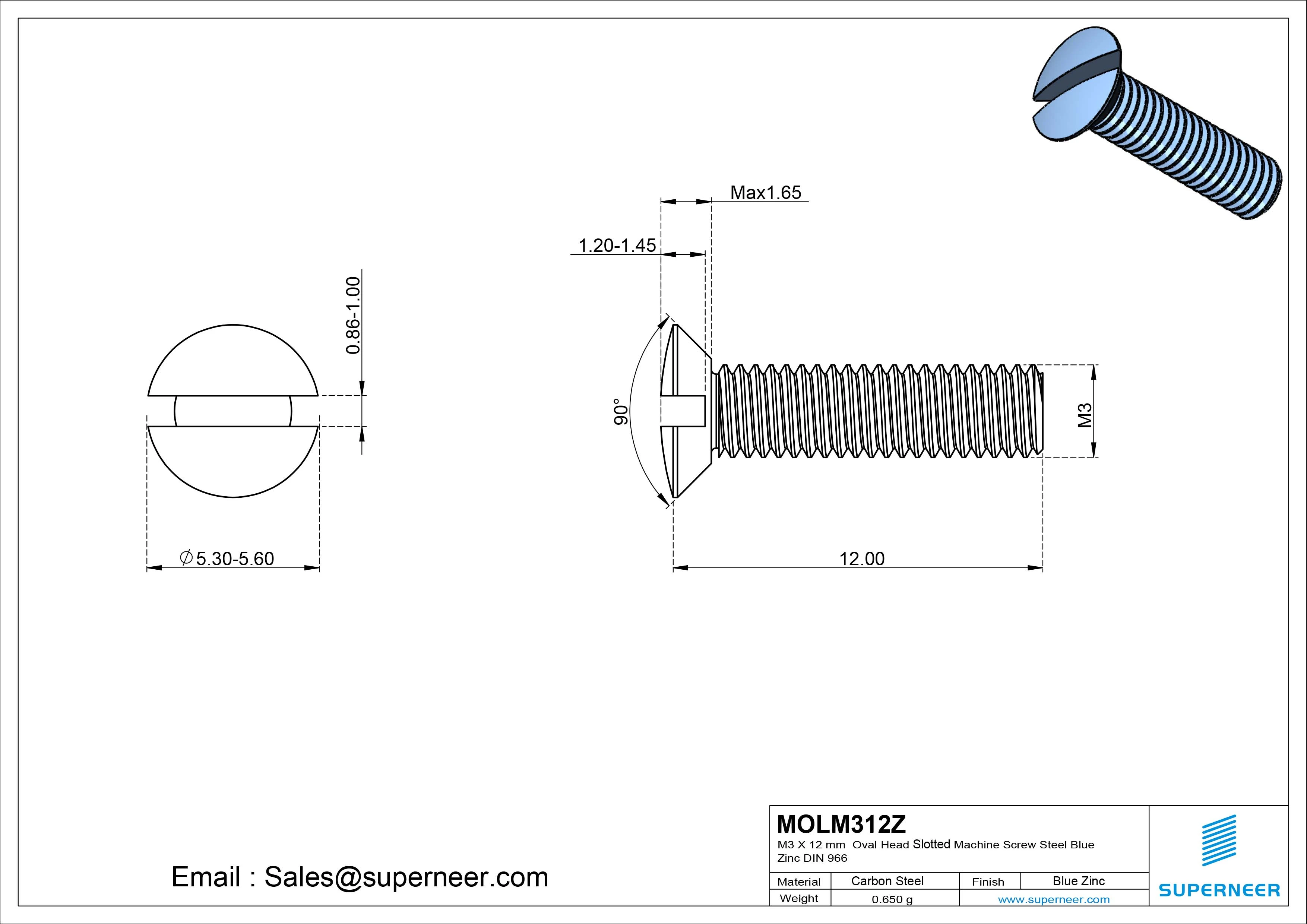 M3 x 12 mm Oval Head Slotted Machine Screw Steel Blue Zinc Plated DIN 964