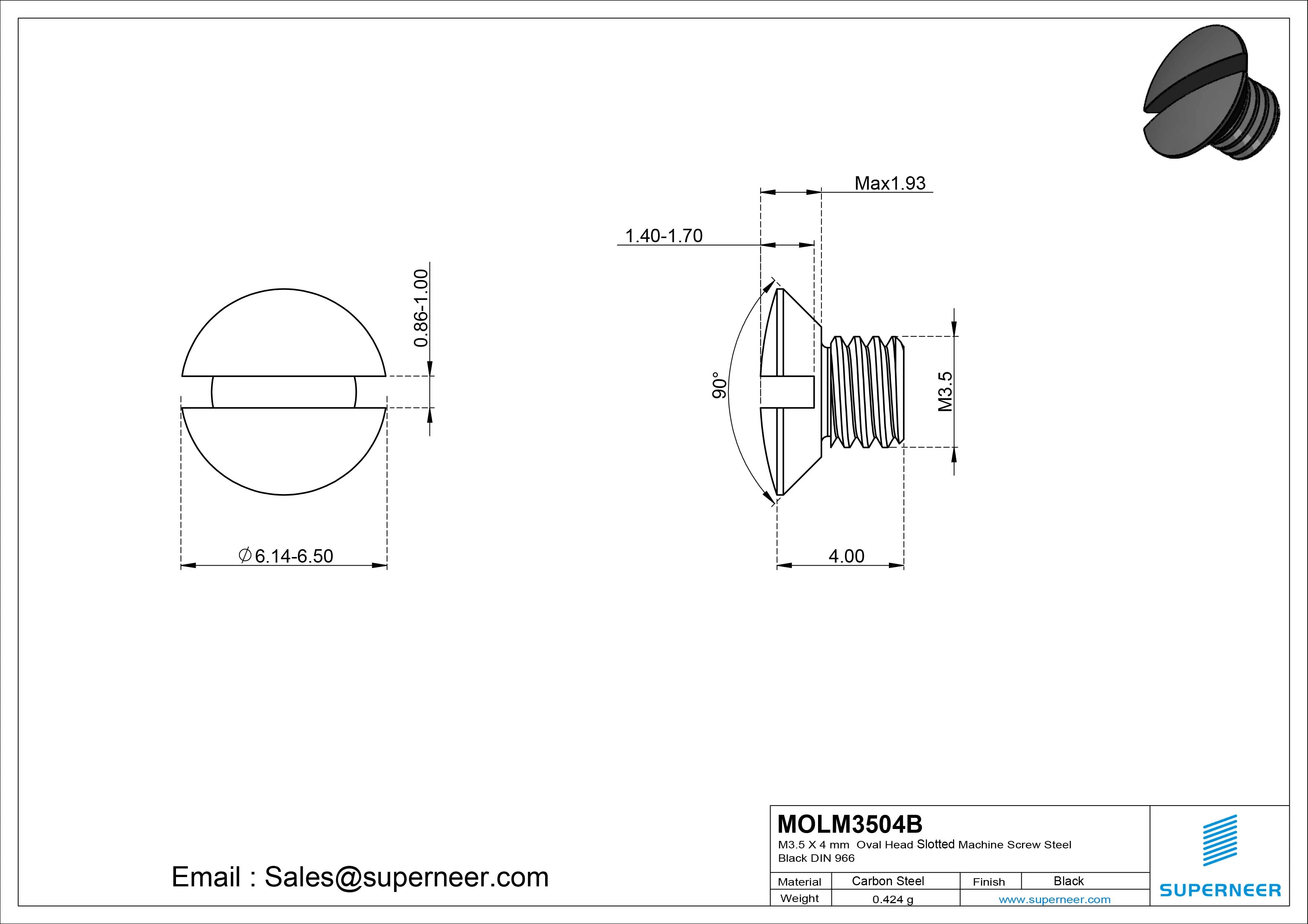 M3.5 x 4 mm Oval Head Slotted Machine Screw Steel Black DIN 964
