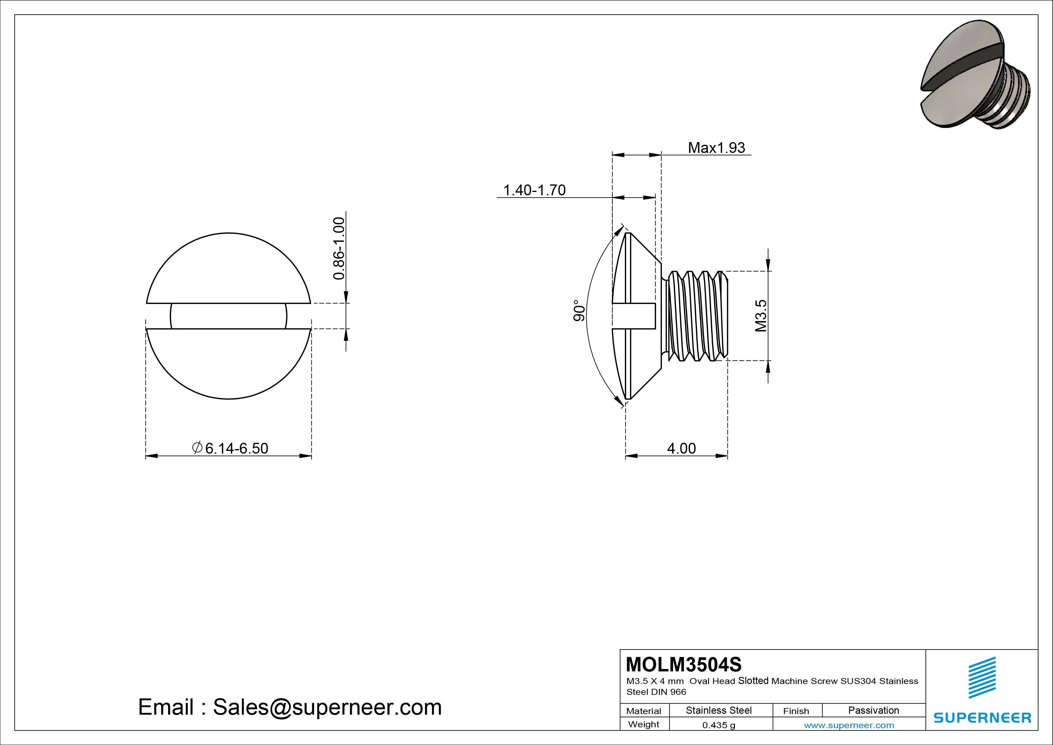 M3.5 x 4 mm Oval Head Slotted Machine Screw SUS304 Stainless Steel Inox DIN 964