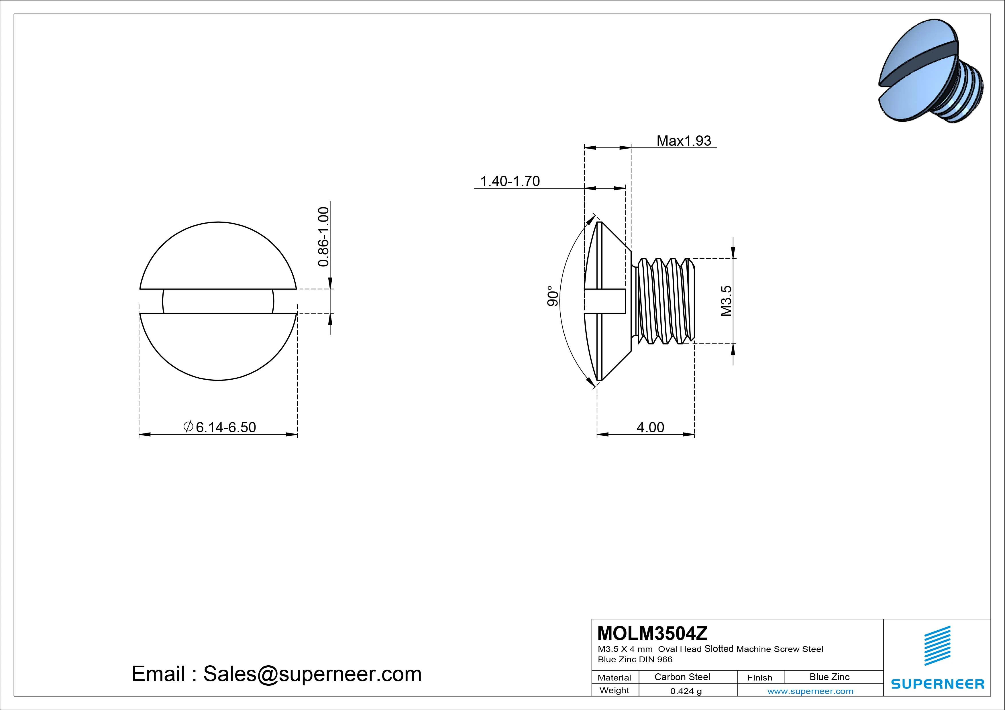 M3.5 x 4 mm Oval Head Slotted Machine Screw Steel Blue Zinc Plated DIN 964