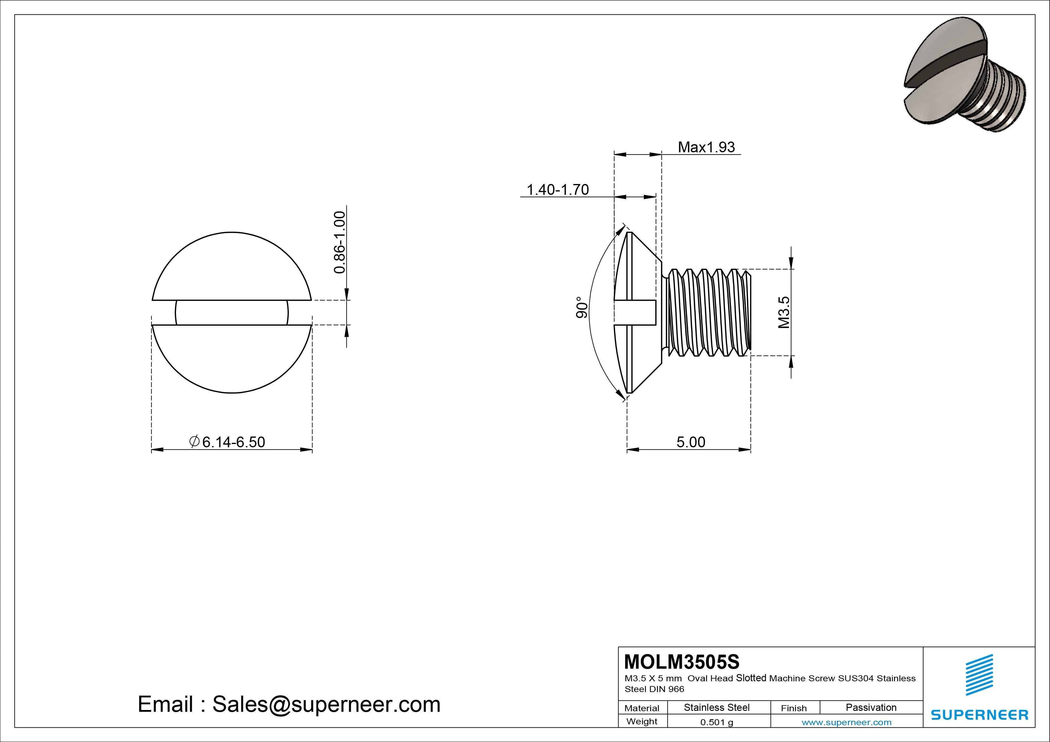 M3.5 x 5 mm Oval Head Slotted Machine Screw SUS304 Stainless Steel Inox DIN 964
