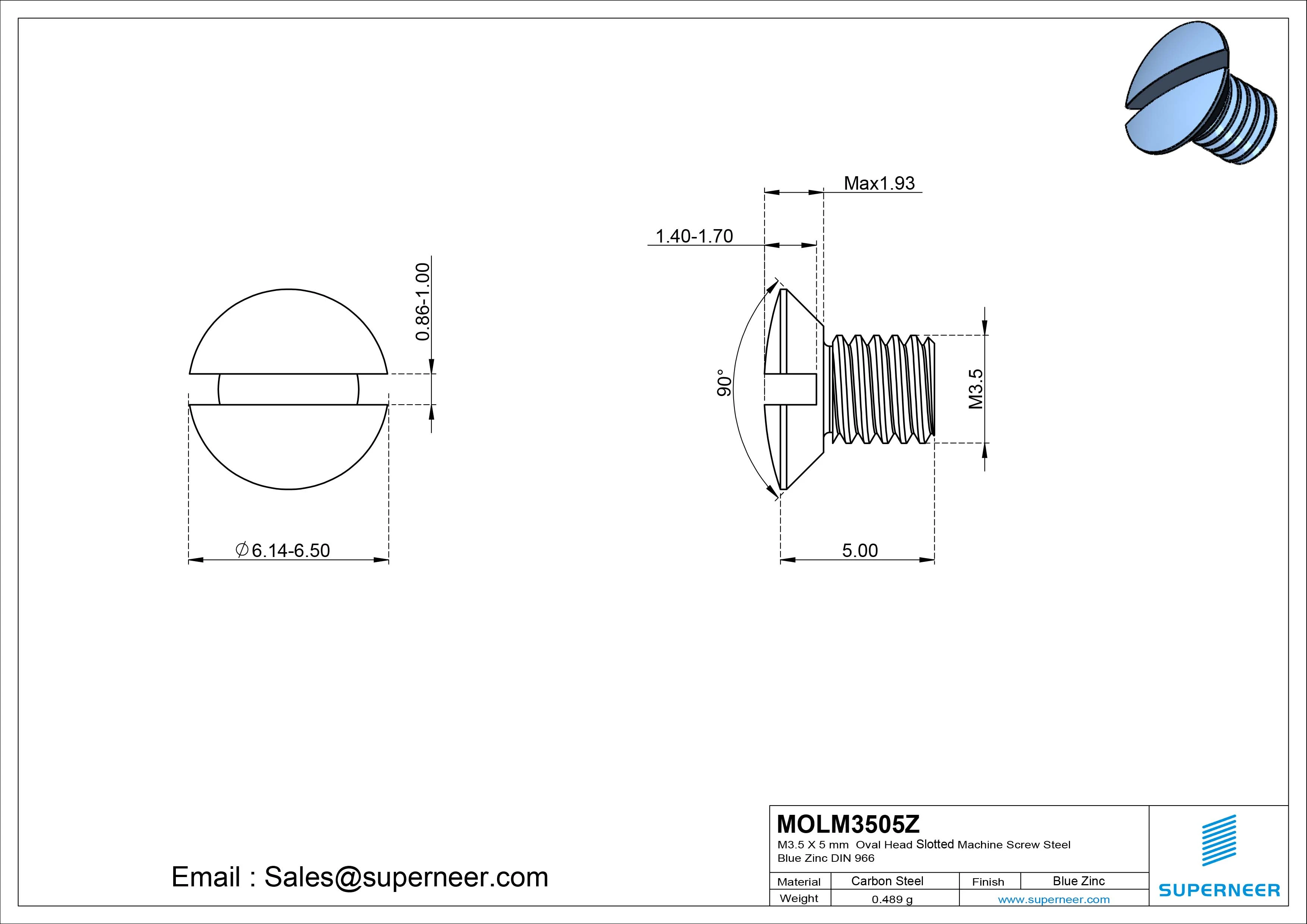 M3.5 x 5 mm Oval Head Slotted Machine Screw Steel Blue Zinc Plated DIN 964