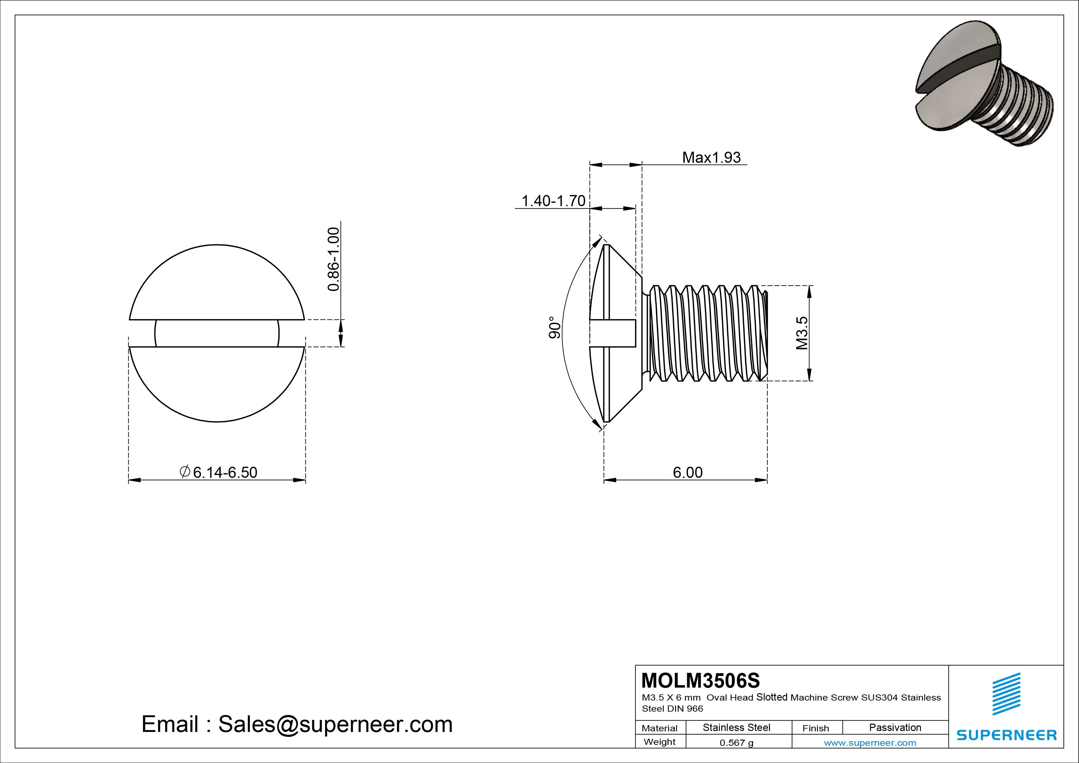 M3.5 x 6 mm Oval Head Slotted Machine Screw SUS304 Stainless Steel Inox DIN 964