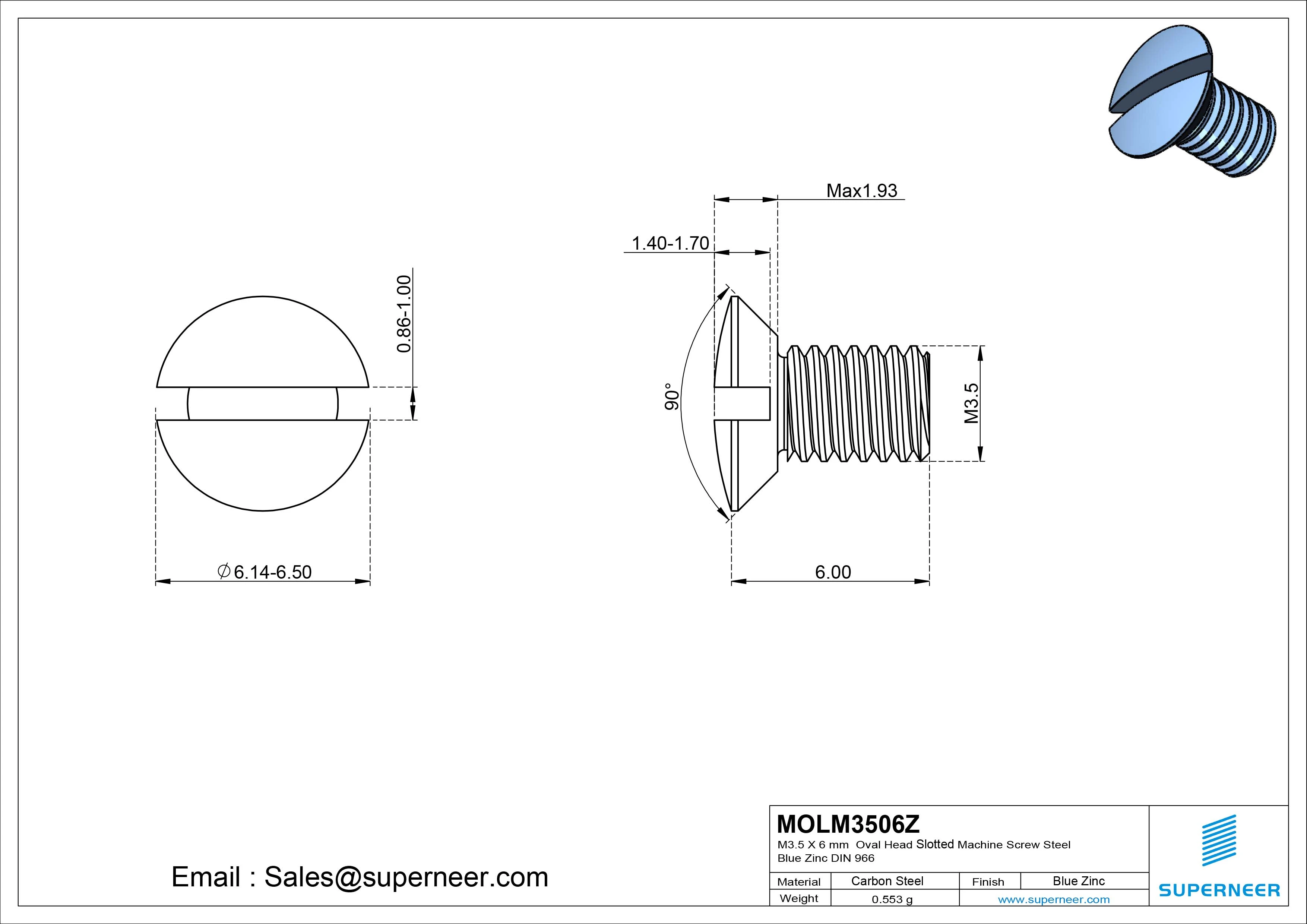 M3.5 x 6 mm Oval Head Slotted Machine Screw Steel Blue Zinc Plated DIN 964