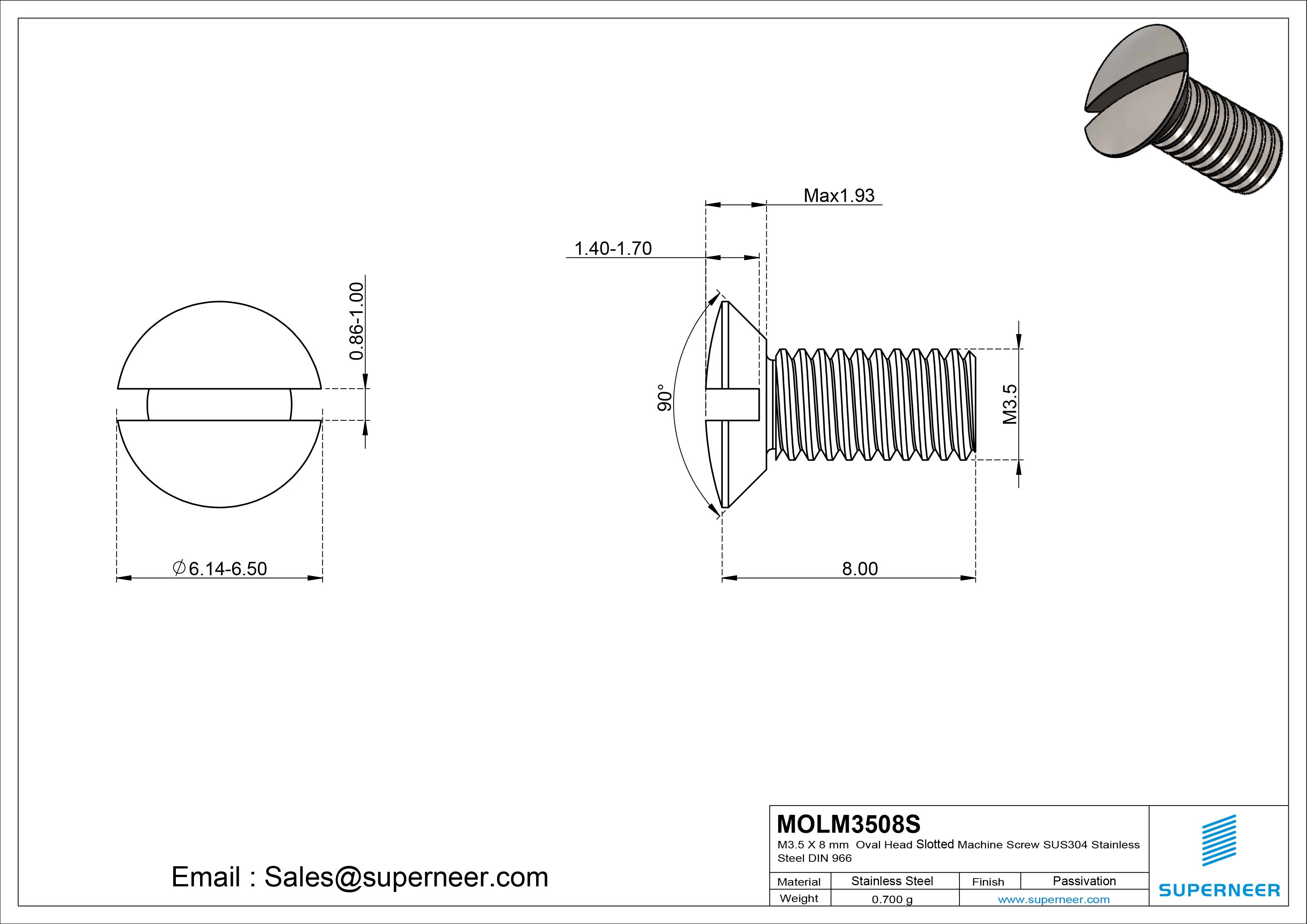 M3.5 x 8 mm Oval Head Slotted Machine Screw SUS304 Stainless Steel Inox DIN 964