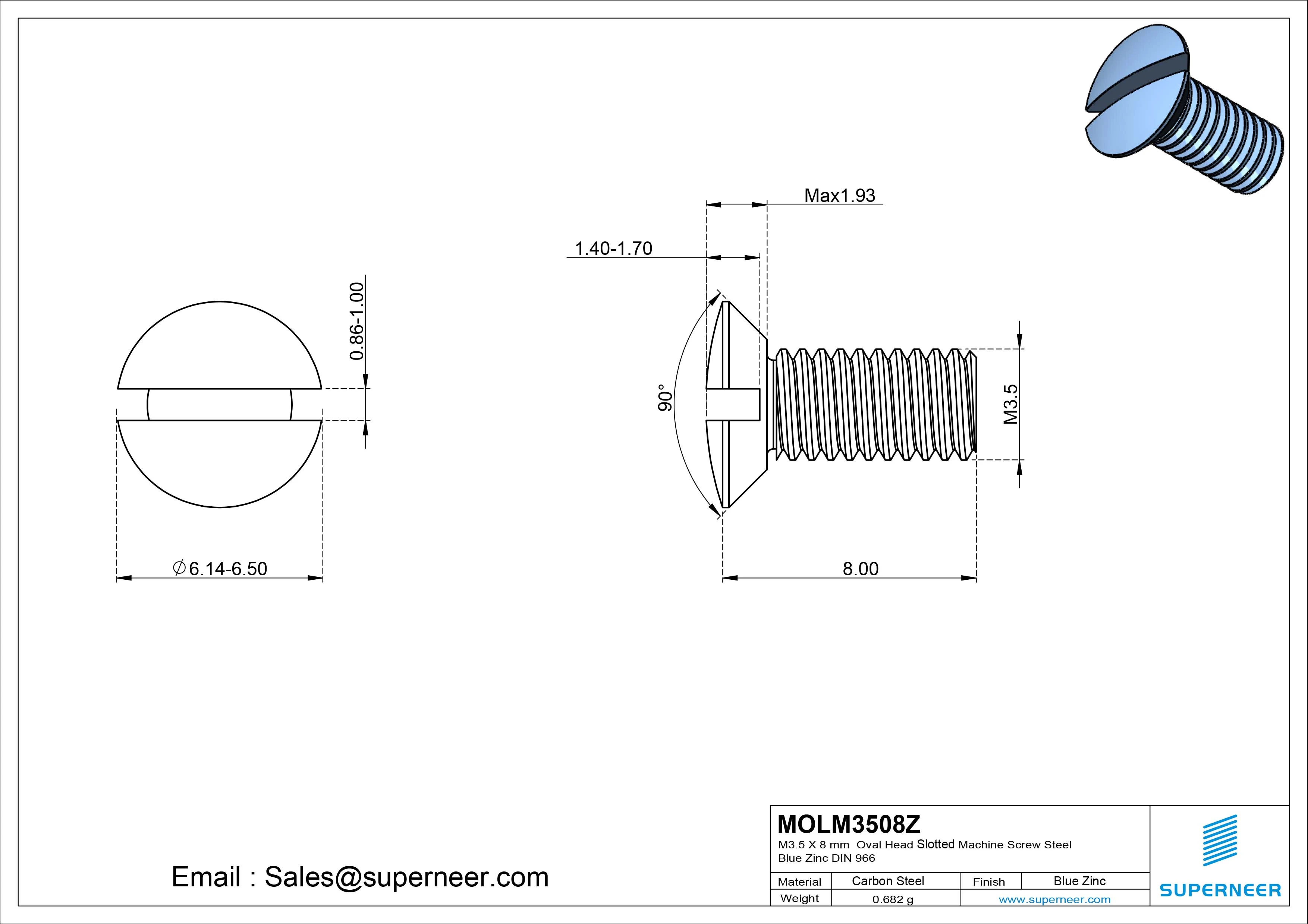 M3.5 x 8 mm Oval Head Slotted Machine Screw Steel Blue Zinc Plated DIN 964