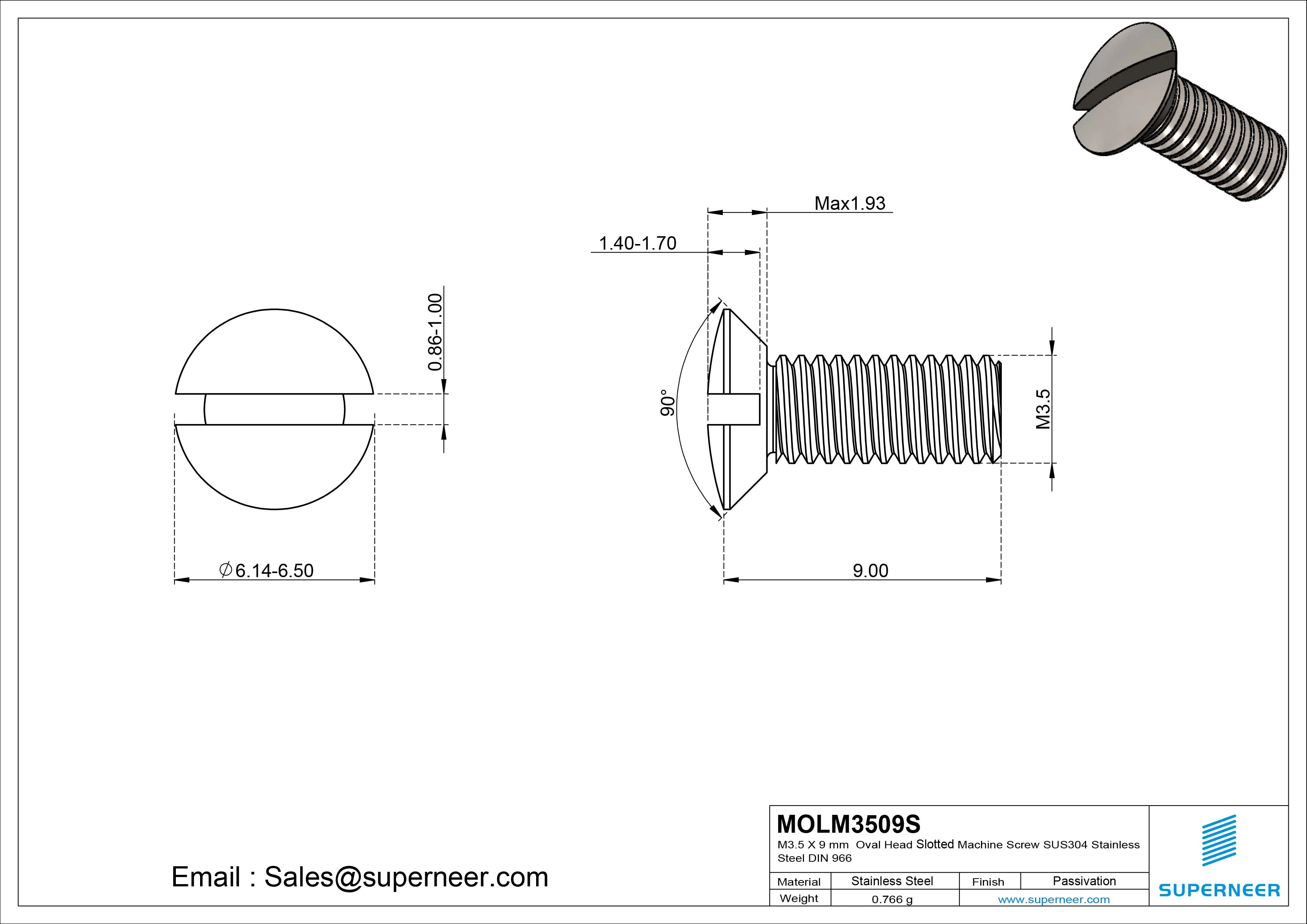 M3.5 x 9 mm Oval Head Slotted Machine Screw SUS304 Stainless Steel Inox DIN 964