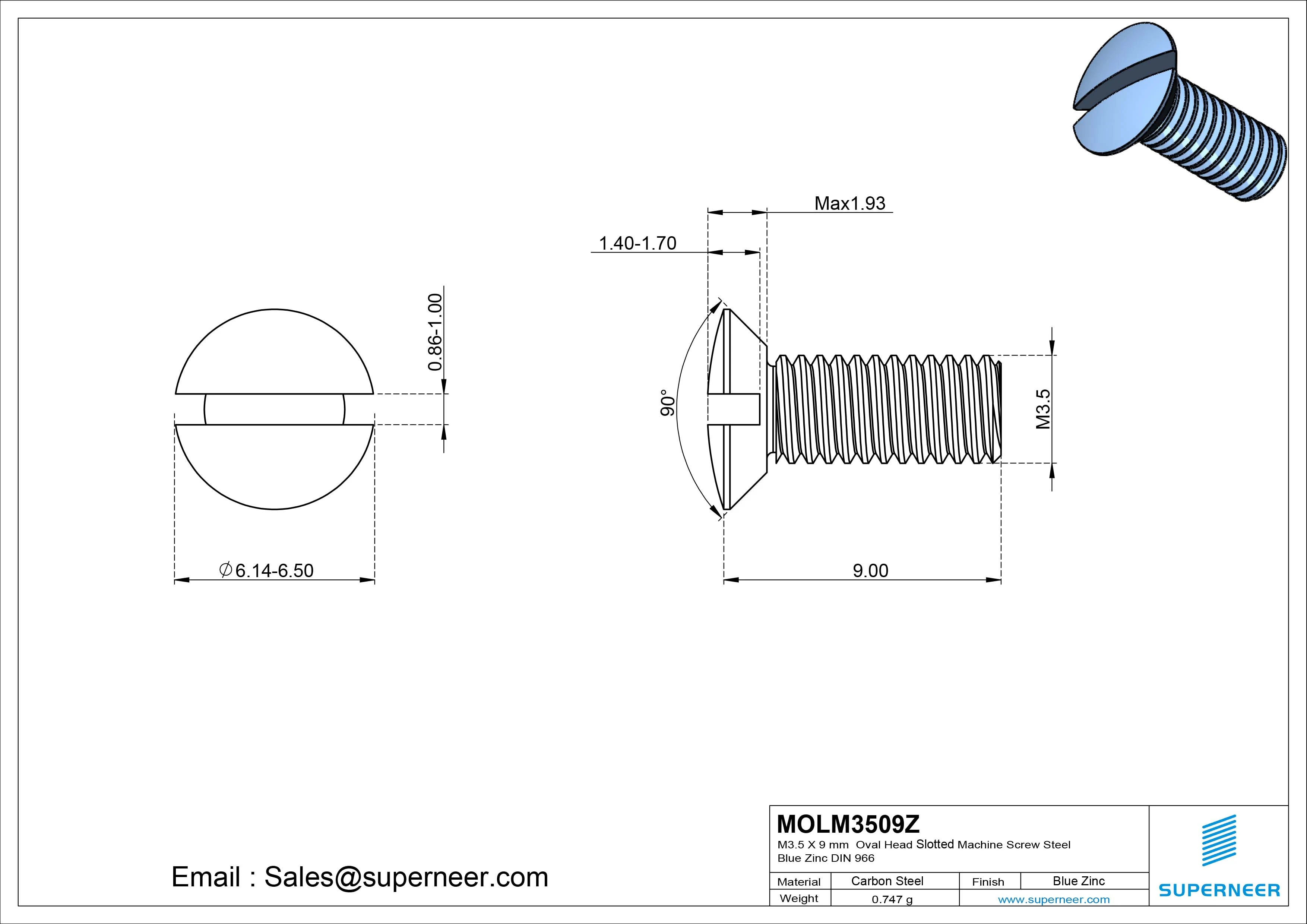 M3.5 x 9 mm Oval Head Slotted Machine Screw Steel Blue Zinc Plated DIN 964