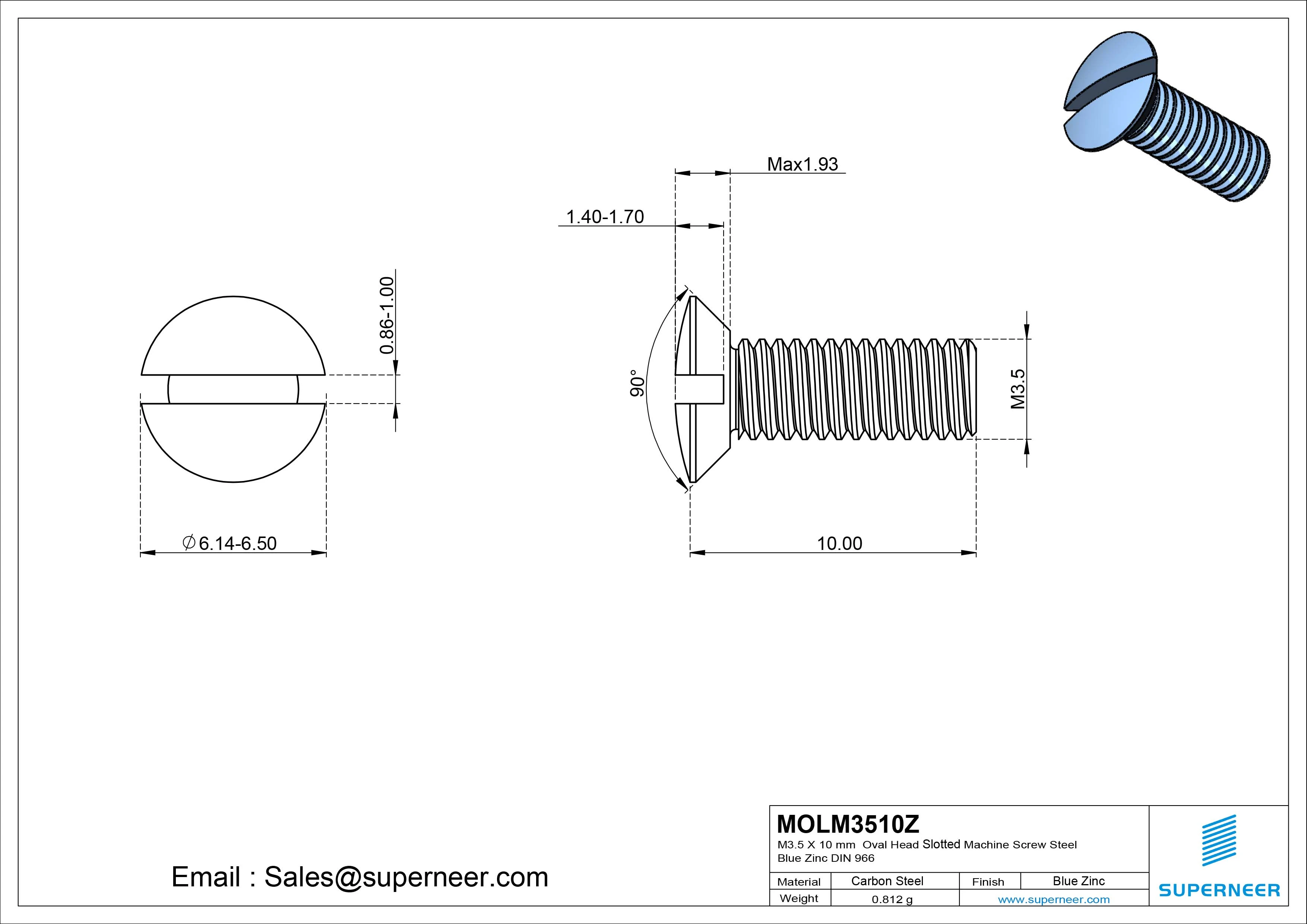 M3.5 x 10 mm Oval Head Slotted Machine Screw Steel Blue Zinc Plated DIN 964