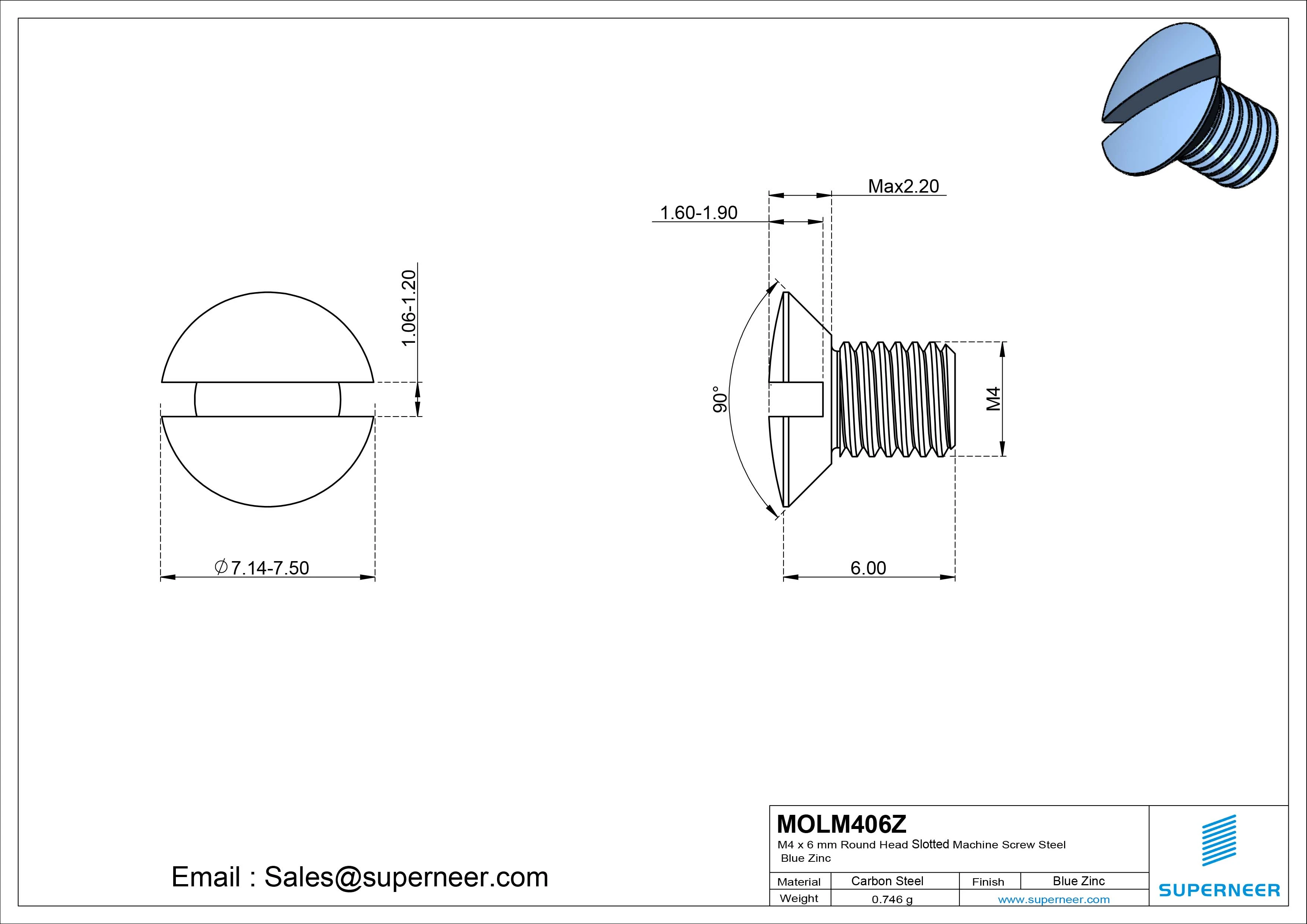 M4 x 6 mm Oval Head Slotted Machine Screw Steel Blue Zinc Plated DIN 964