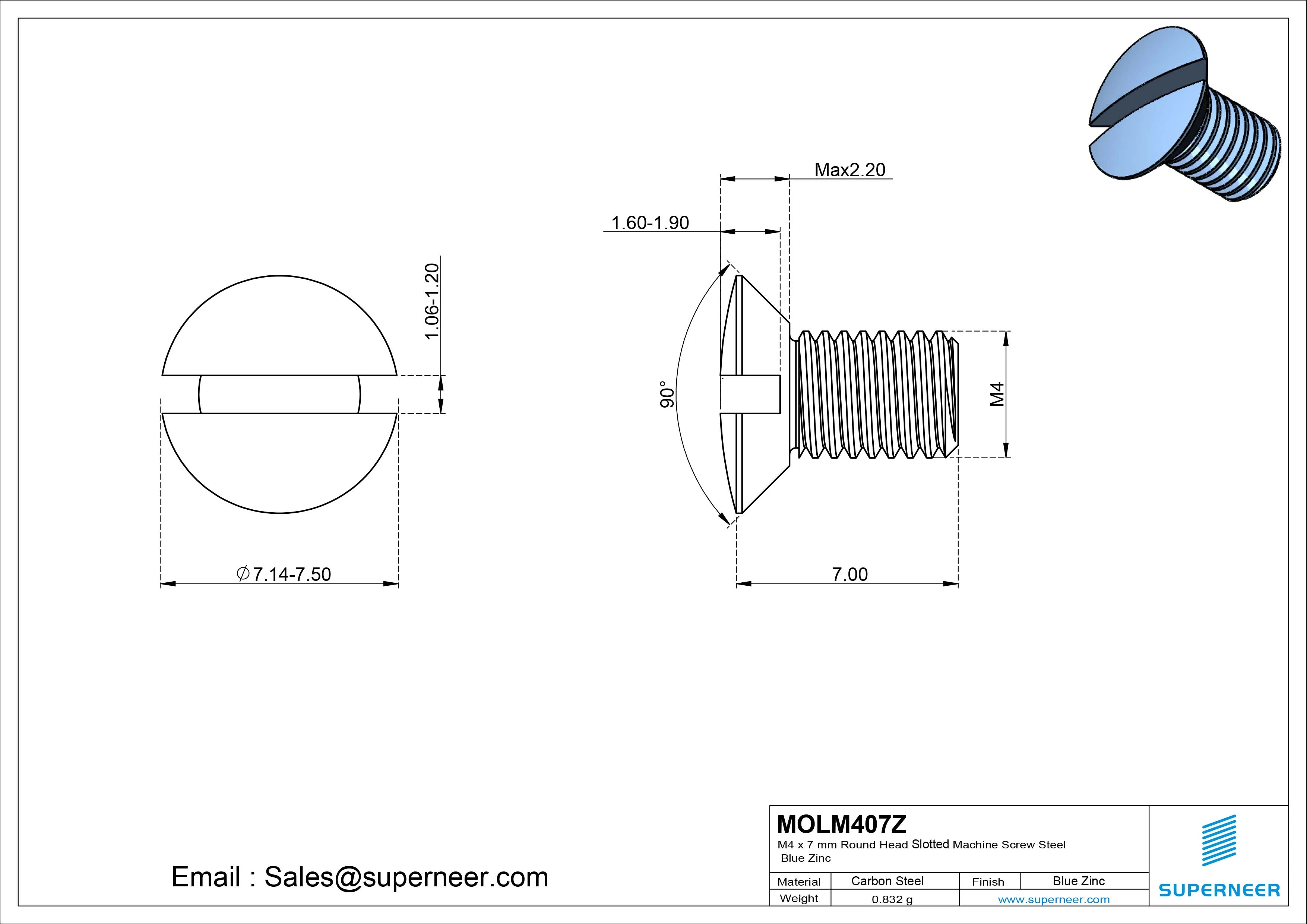 M4 x 7 mm Oval Head Slotted Machine Screw Steel Blue Zinc Plated DIN 964
