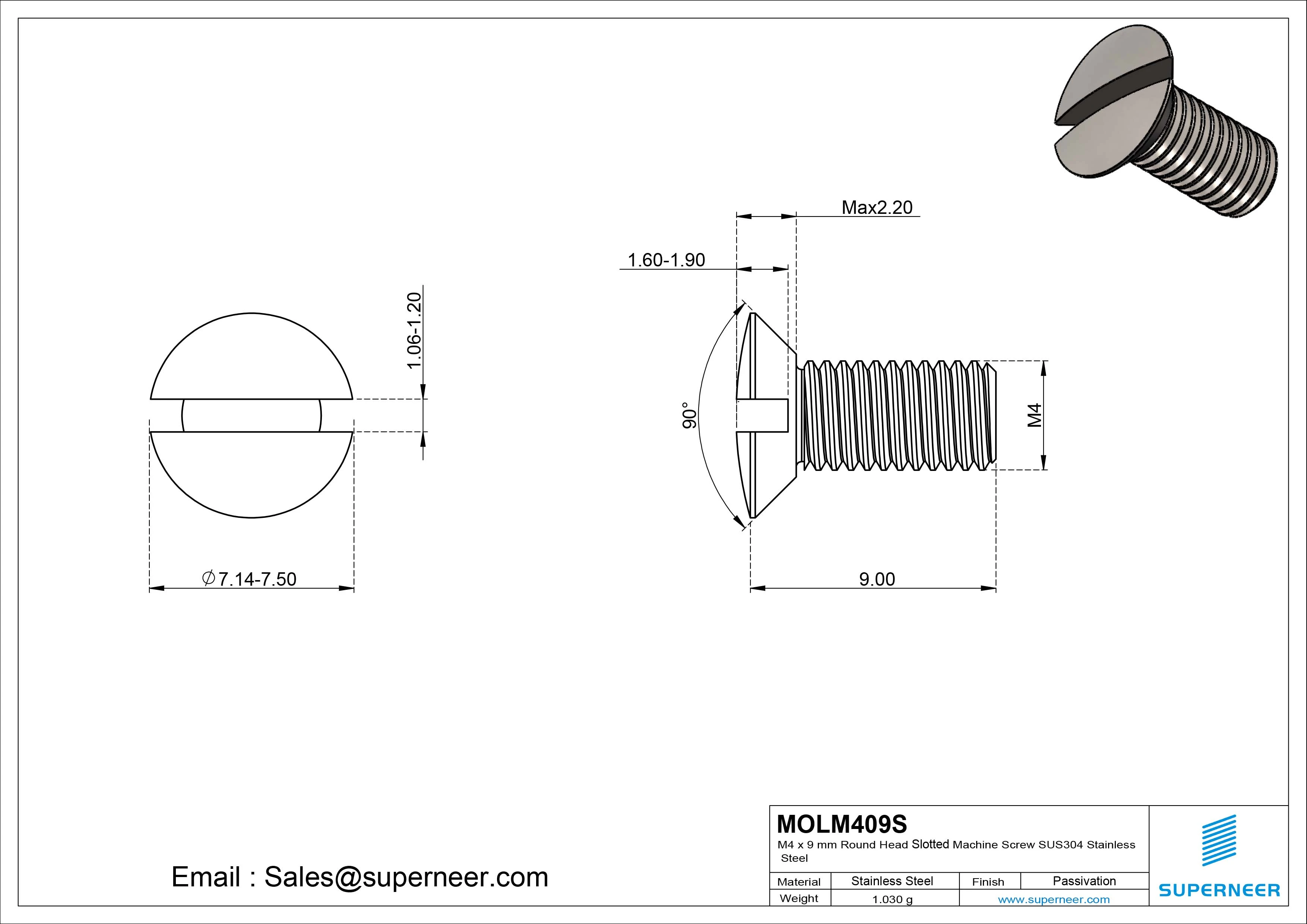 M4 x 9 mm Oval Head Slotted Machine Screw SUS304 Stainless Steel Inox DIN 964