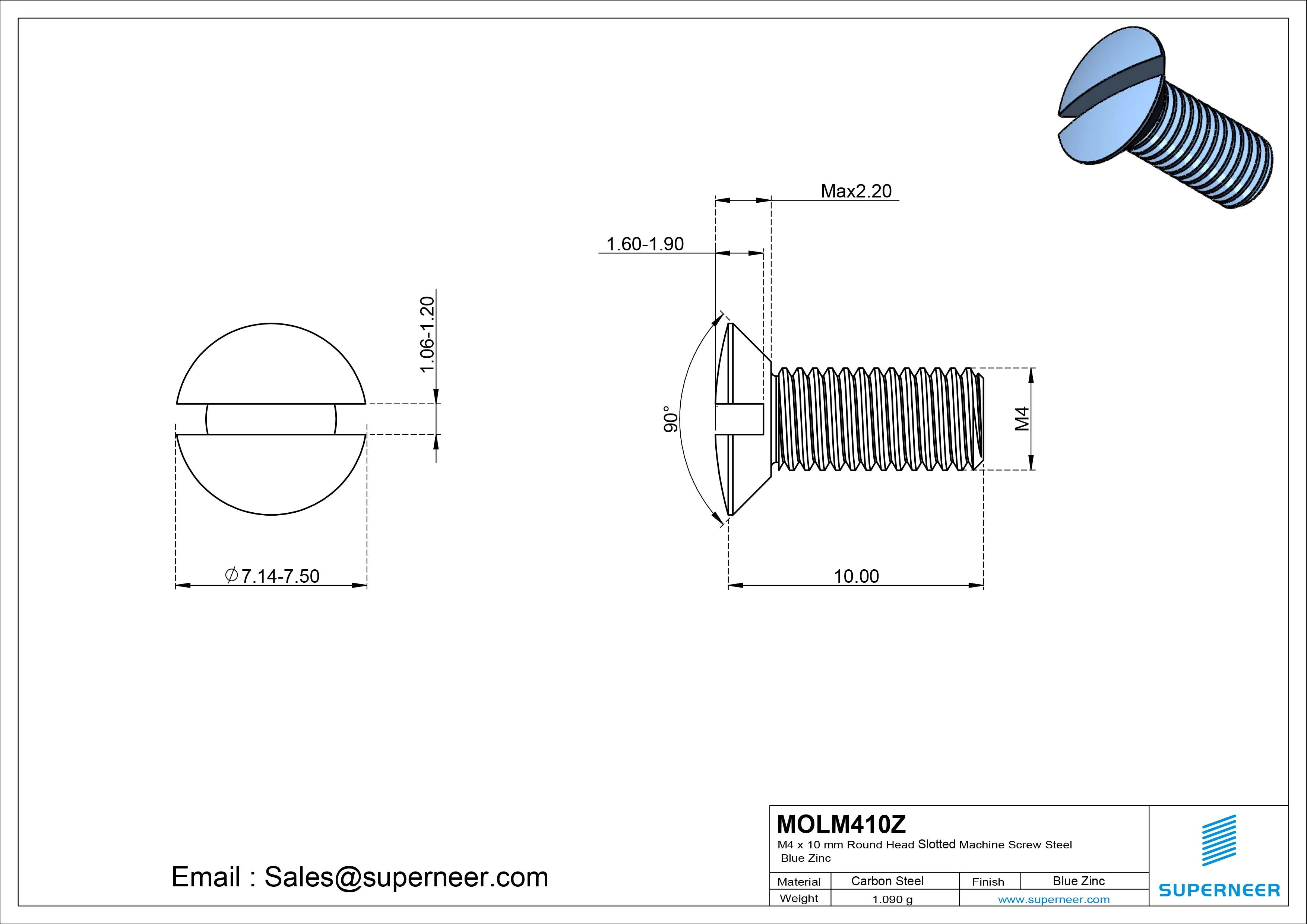 M4 x 10 mm Oval Head Slotted Machine Screw Steel Blue Zinc Plated DIN 964