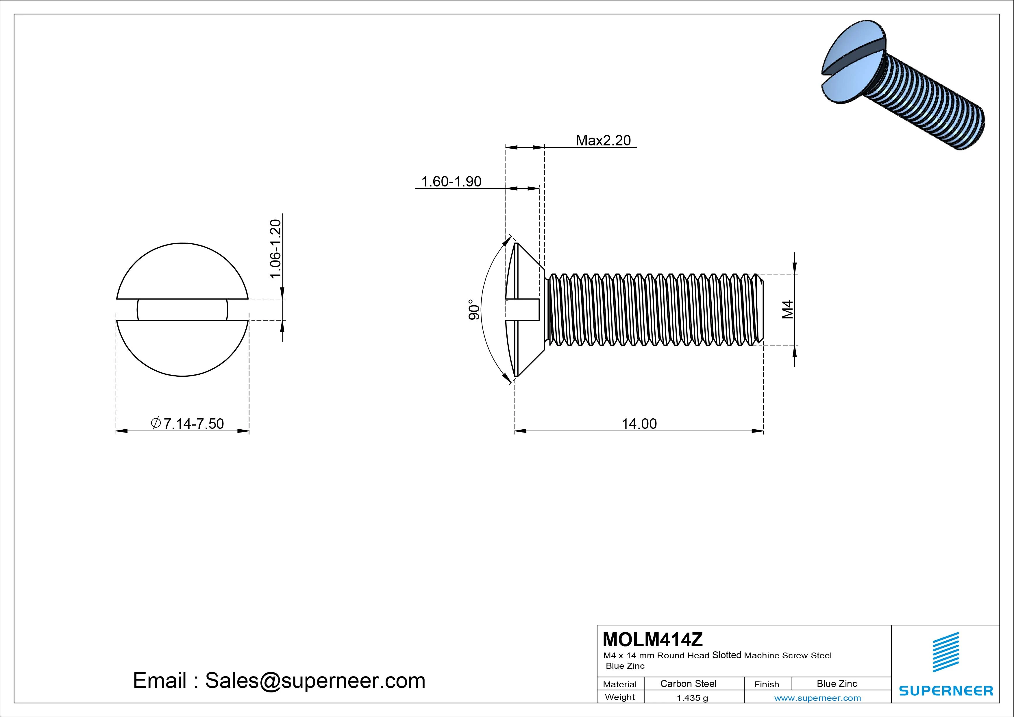 M4 x 14 mm Oval Head Slotted Machine Screw Steel Blue Zinc Plated DIN 964