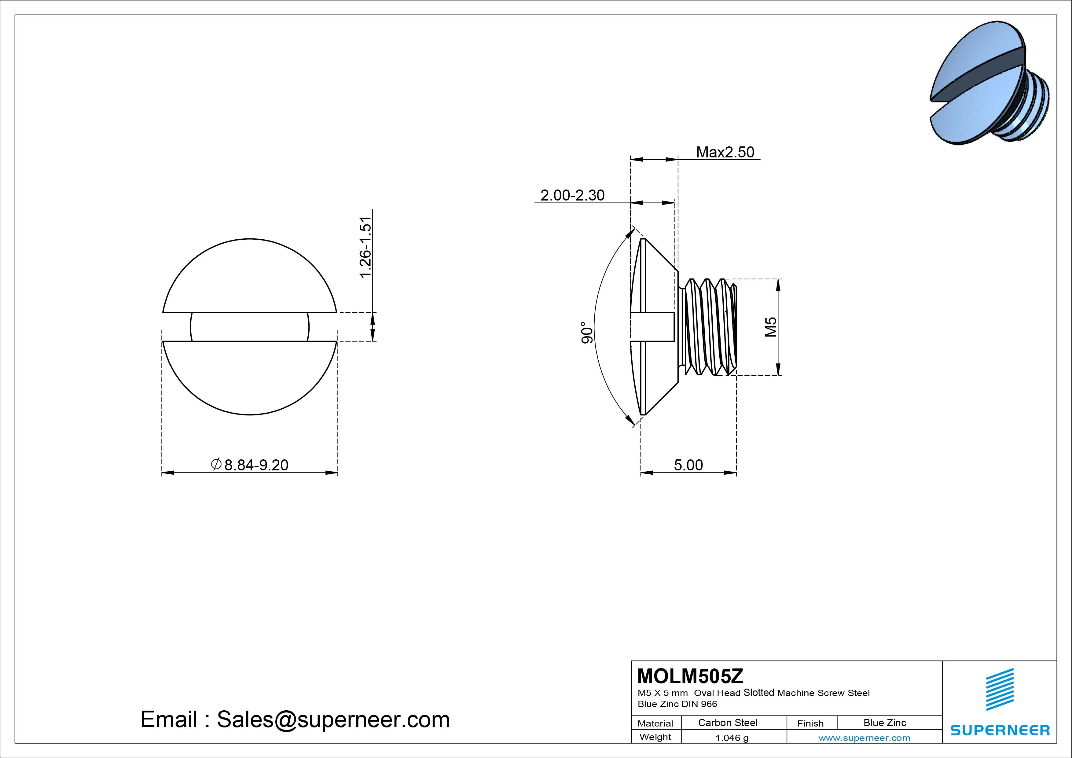 M5 x 5 mm Oval Head Slotted Machine Screw Steel Blue Zinc Plated DIN 964