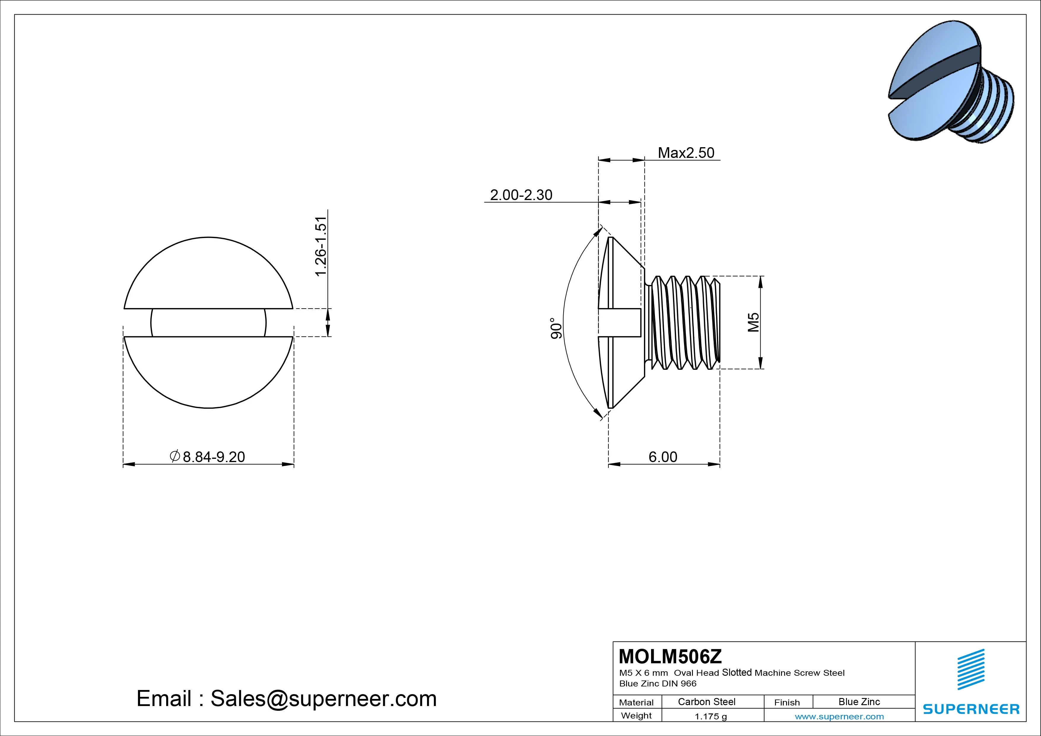 M5 x 6 mm Oval Head Slotted Machine Screw Steel Blue Zinc Plated DIN 964