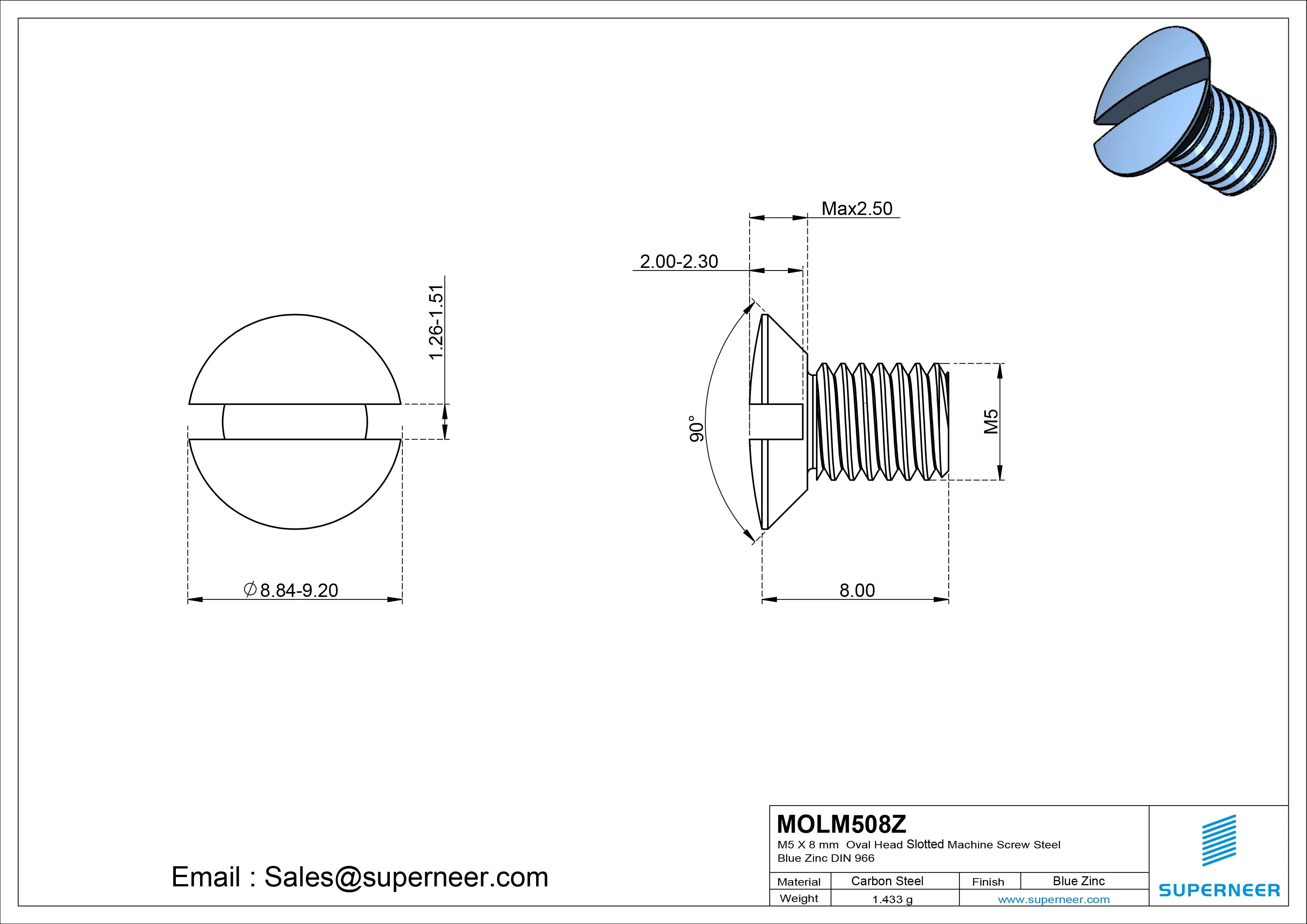 M5 x 8 mm Oval Head Slotted Machine Screw Steel Blue Zinc Plated DIN 964