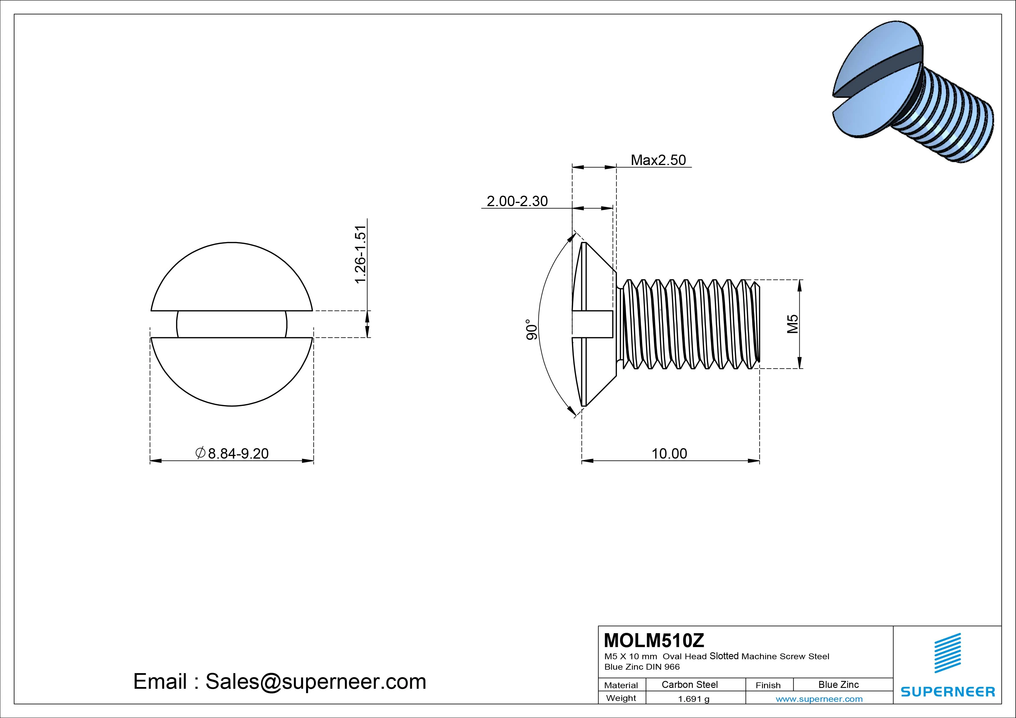 M5 x 10 mm Oval Head Slotted Machine Screw Steel Blue Zinc Plated DIN 964