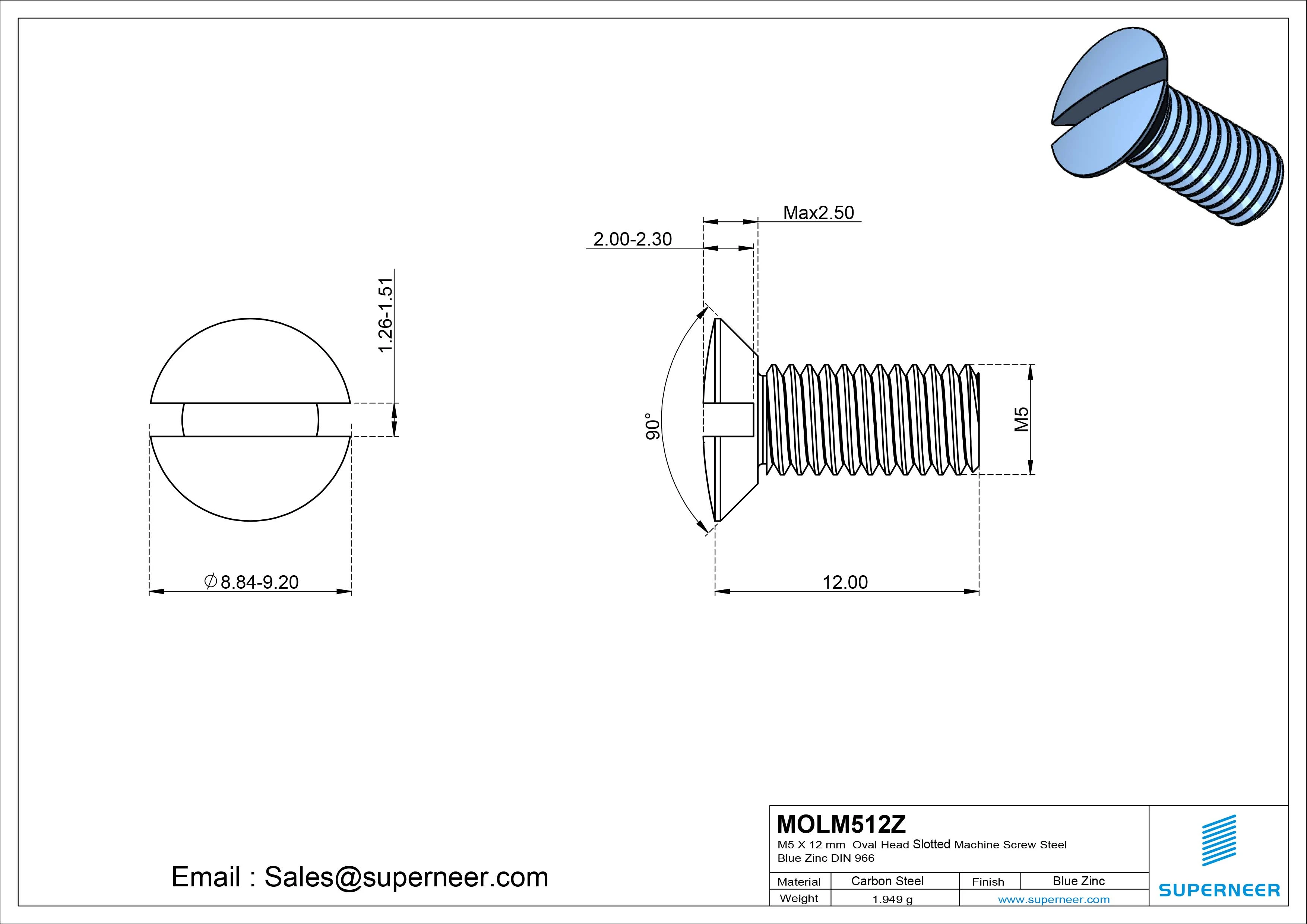M5 x 12 mm Oval Head Slotted Machine Screw Steel Blue Zinc Plated DIN 964