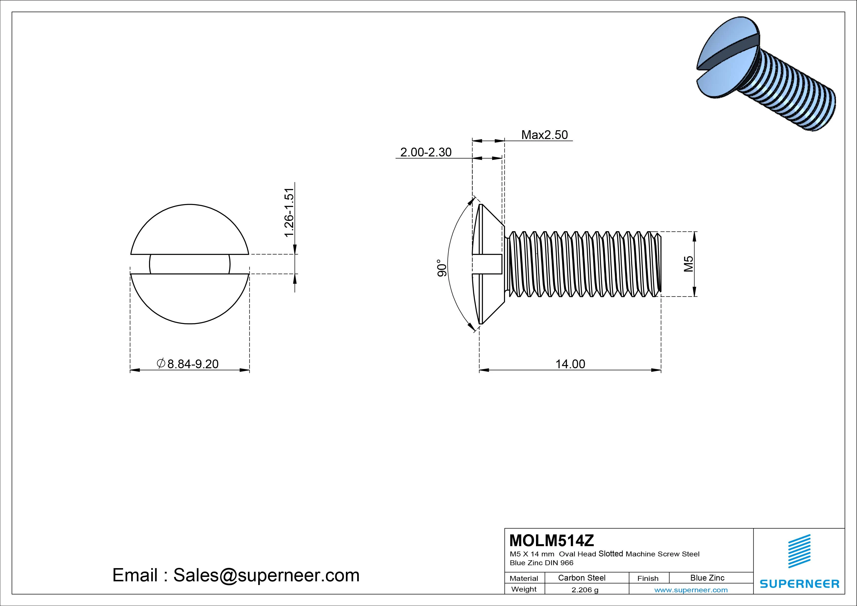 M5 x 14 mm Oval Head Slotted Machine Screw Steel Blue Zinc Plated DIN 964