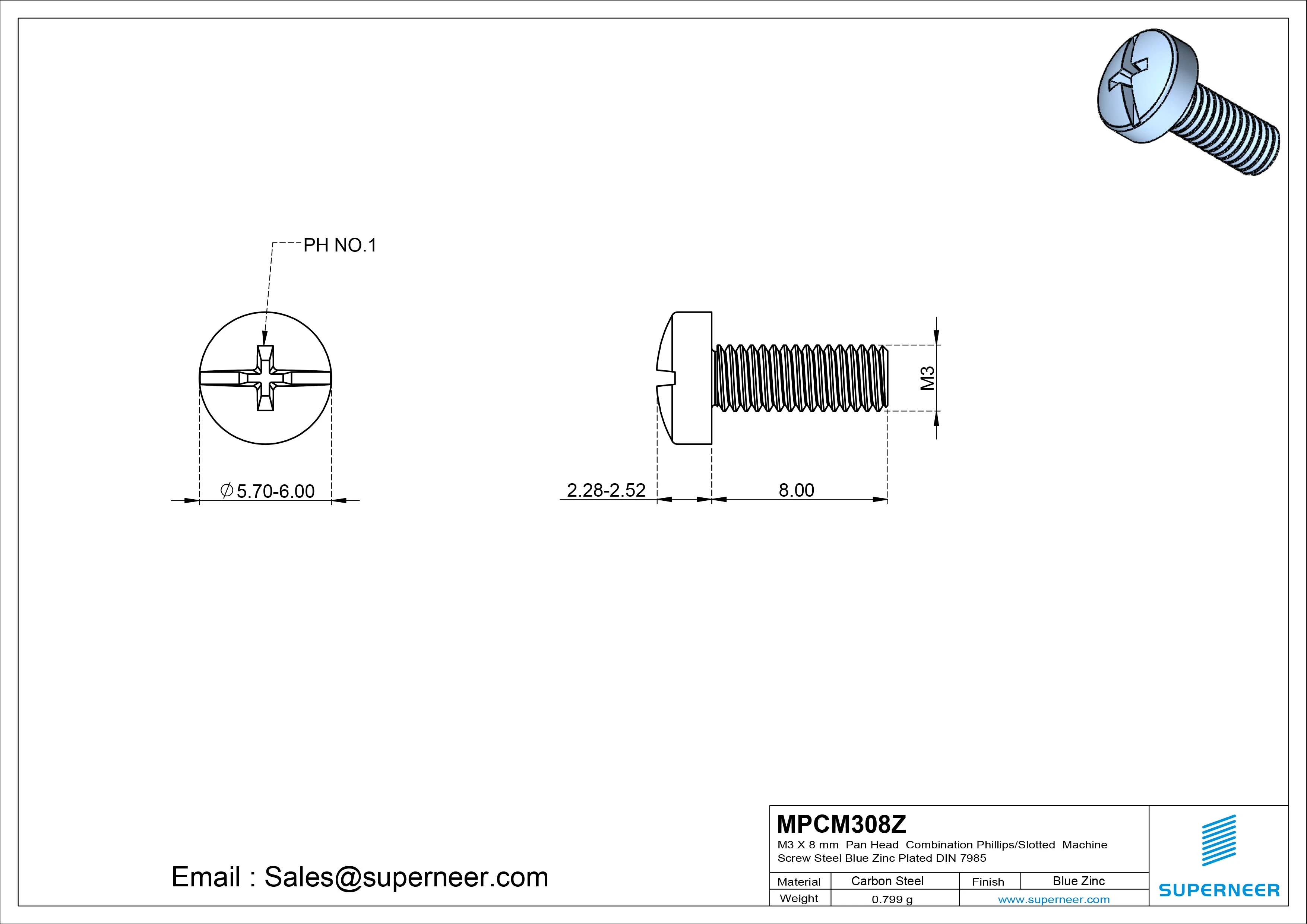 M3 x 8 mm Pan Head Combination Phillips/Slotted Machine Screw Steel Blue Zinc Plated DIN 7985