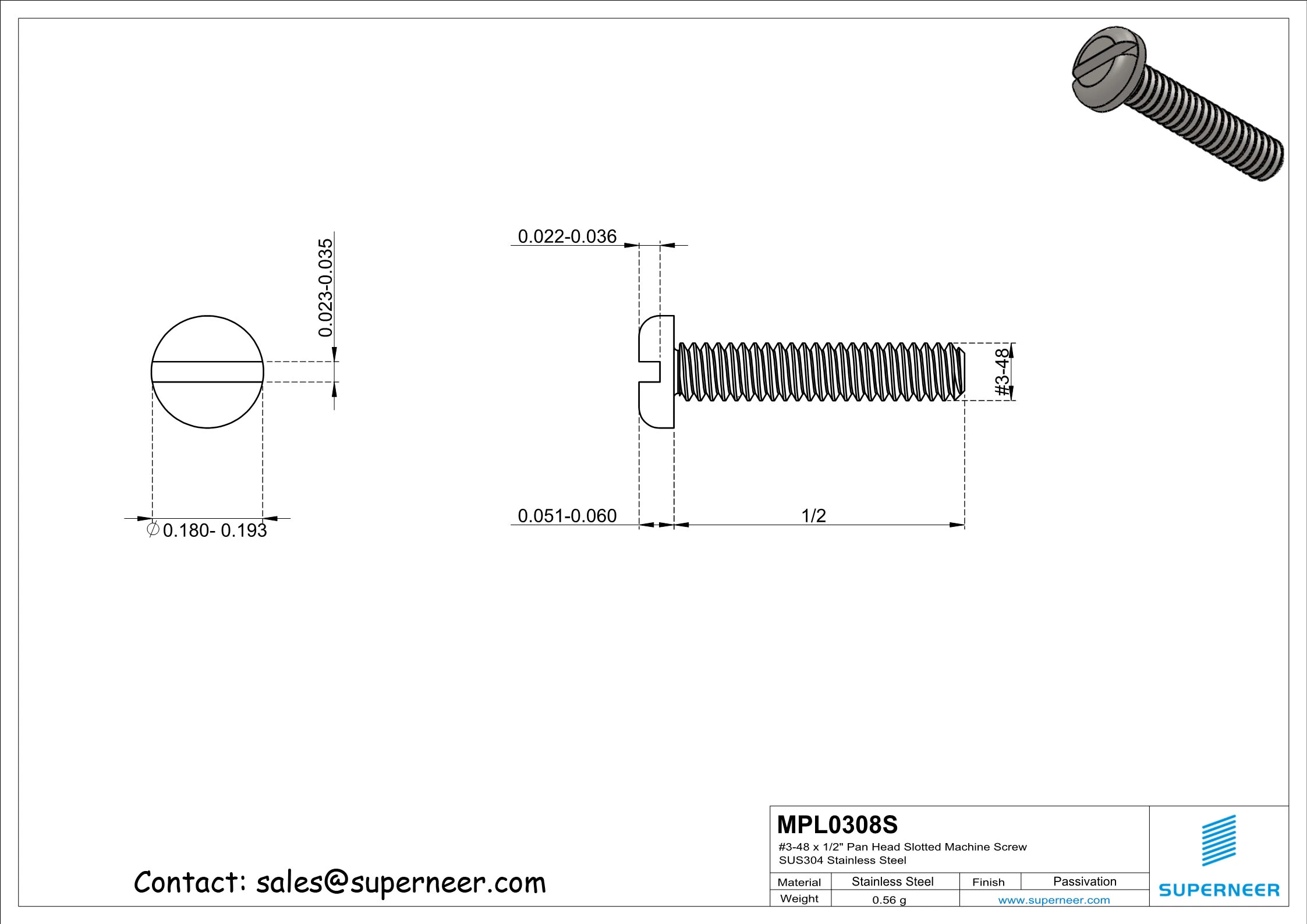 3-48 x 1/2" Pan Head Slotted Machine Screw SUS304 Stainless Steel Inox