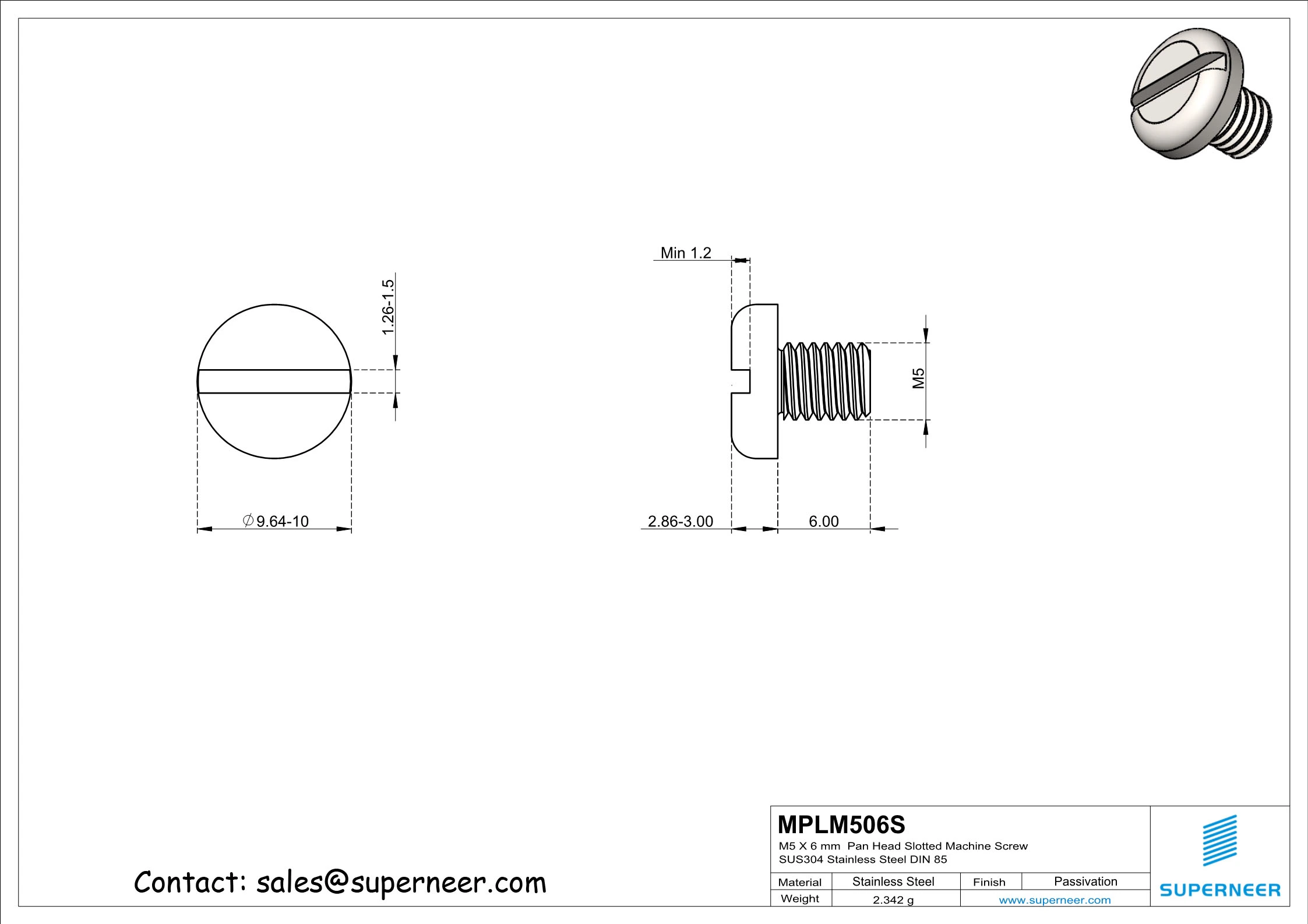 M5 x 6 mm  Pan Head Slotted Machine Screw SUS304 Stainless Steel Inox DIN 85