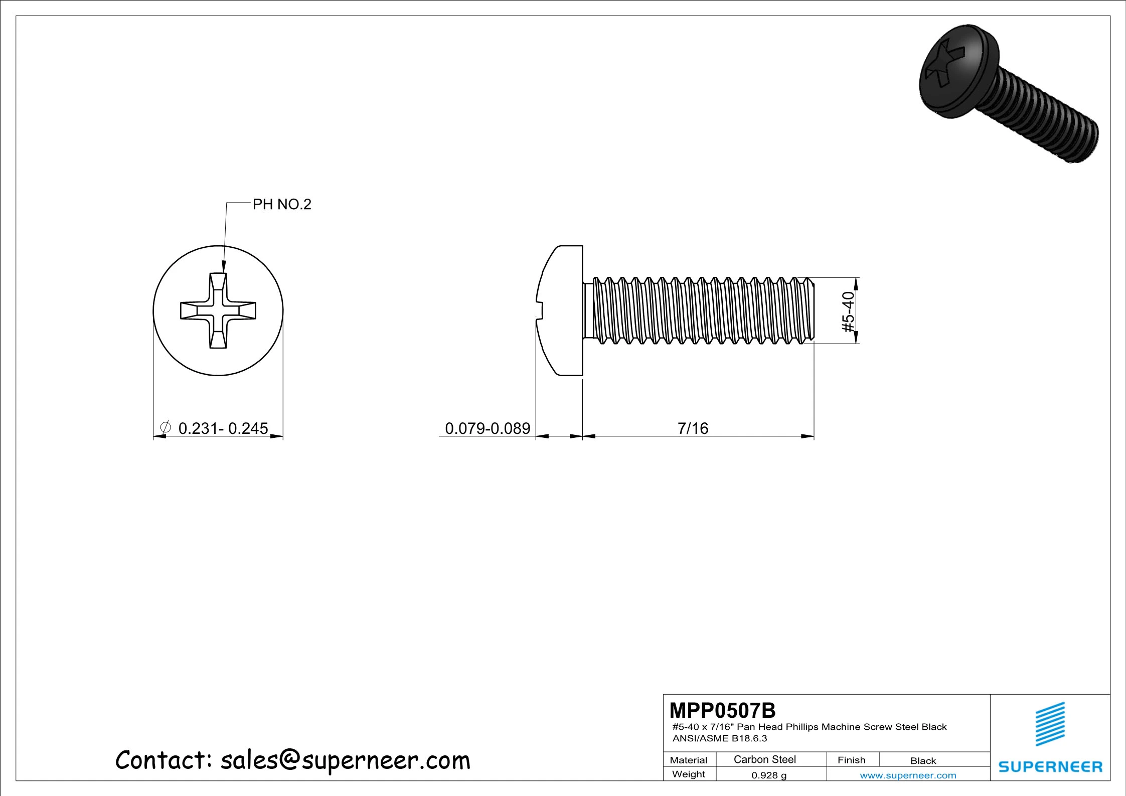 5-40 x 7/16" Pan Head Phillips Machine Screw Steel Black ANSI/ASME B18.6.3