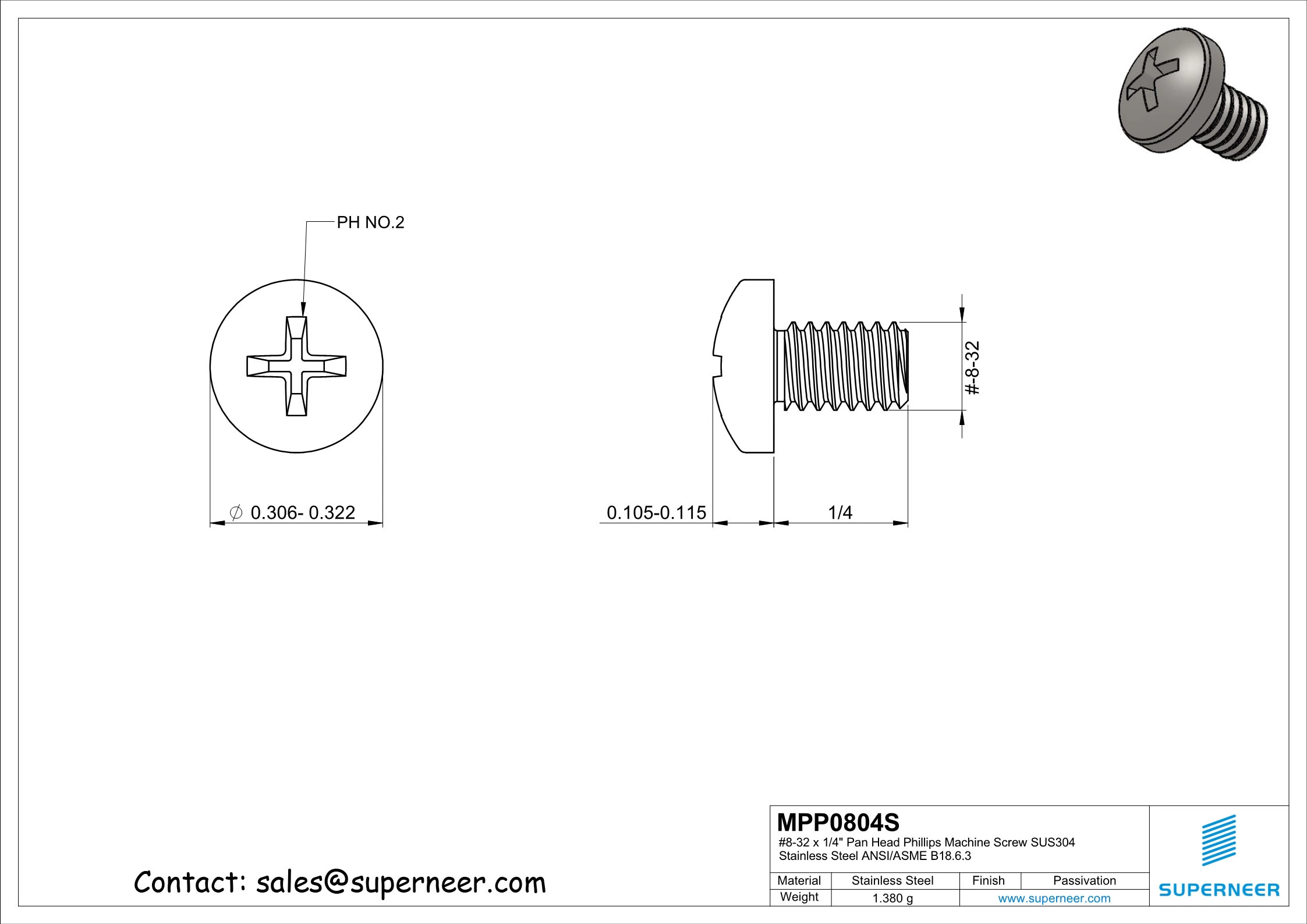 8-32 x 1/4" Pan Head Phillips Machine Screw SUS304 Stainless Steel Inox ANSI/ASME B18.6.3