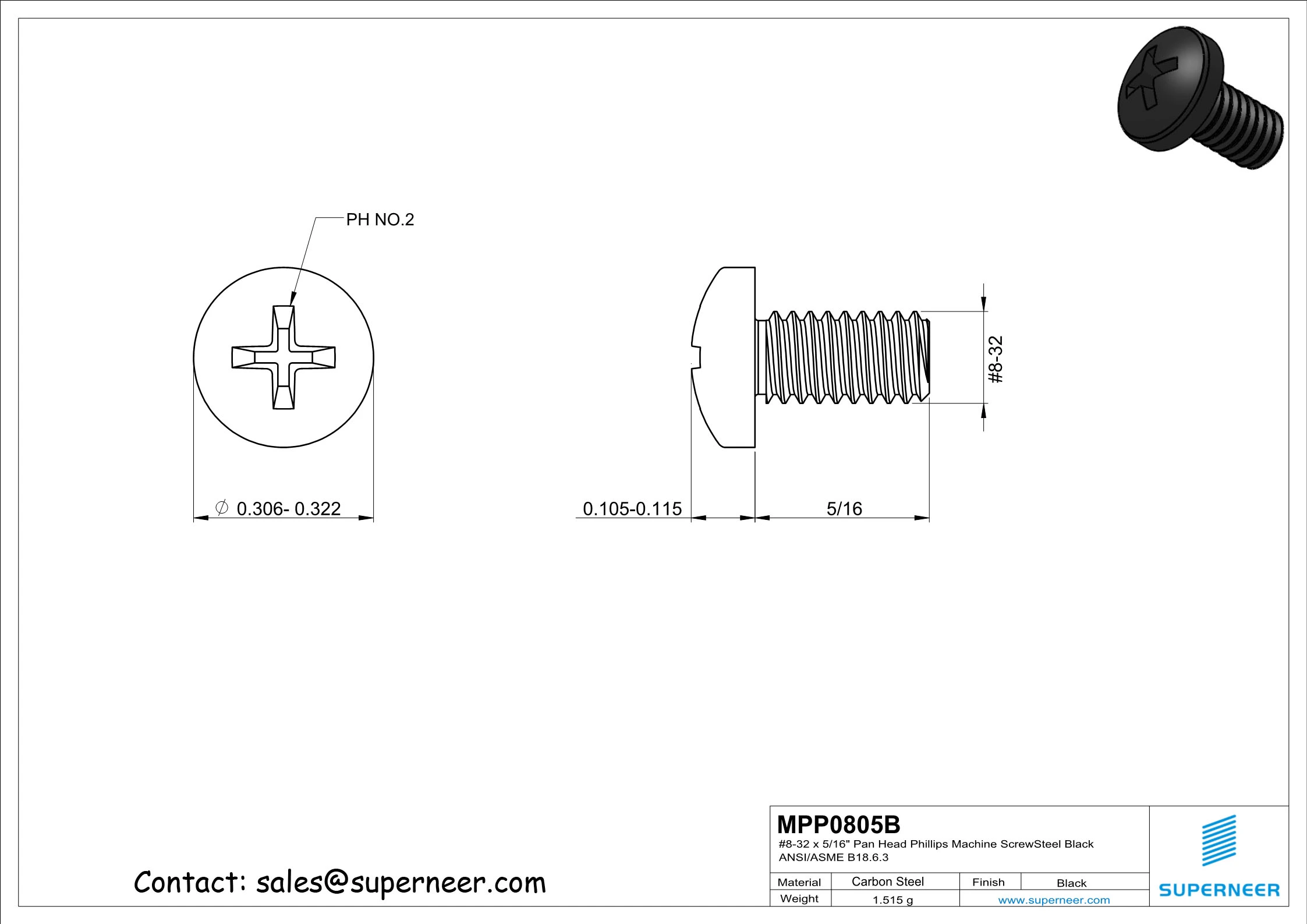 8-32 x 5/16" Pan Head Phillips Machine Screw Steel Black ANSI/ASME B18.6.3