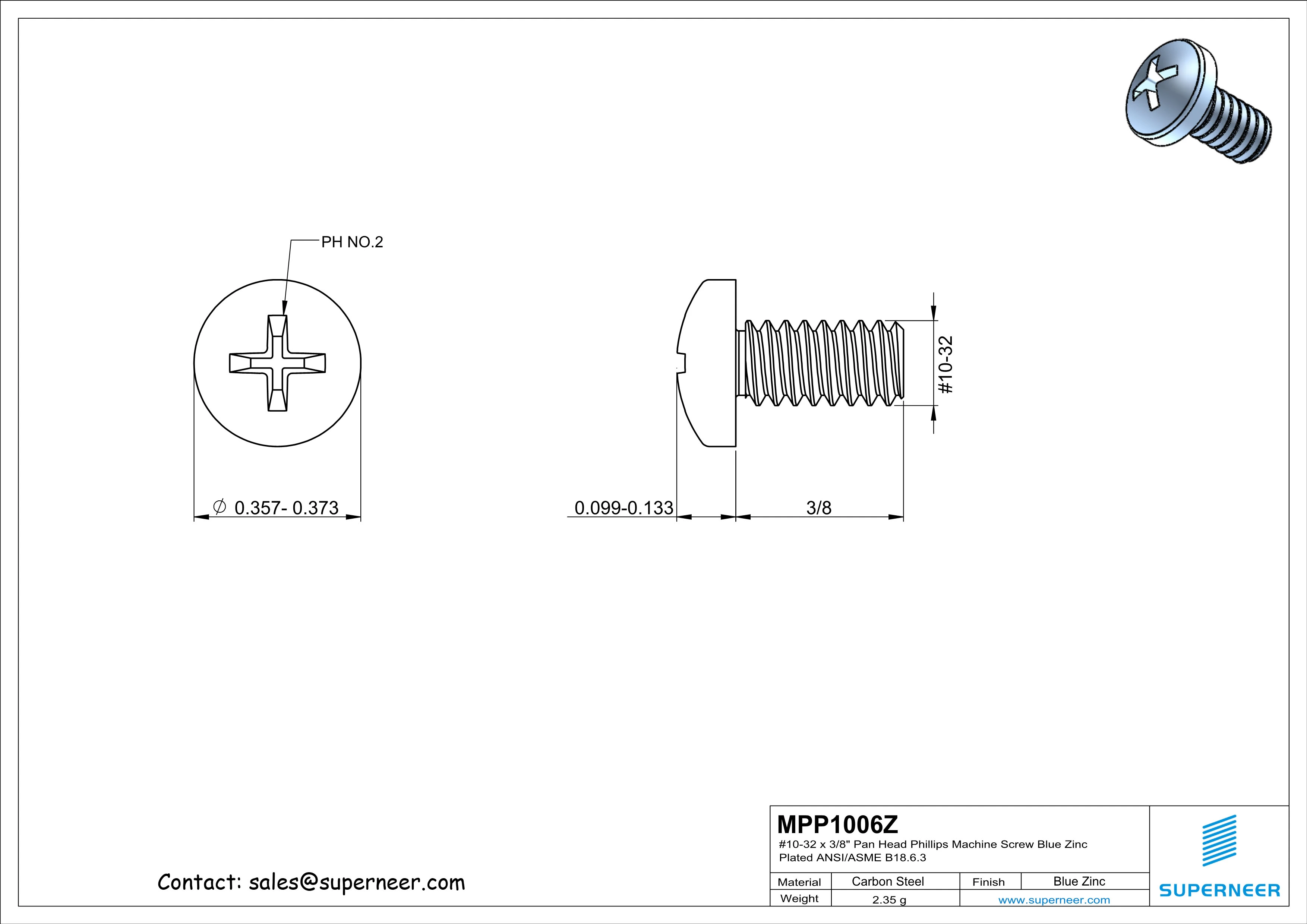 10-32 x 3/8" Pan Head Phillips Machine Screw Steel Blue Zinc Plated ANSI/ASME B18.6.3