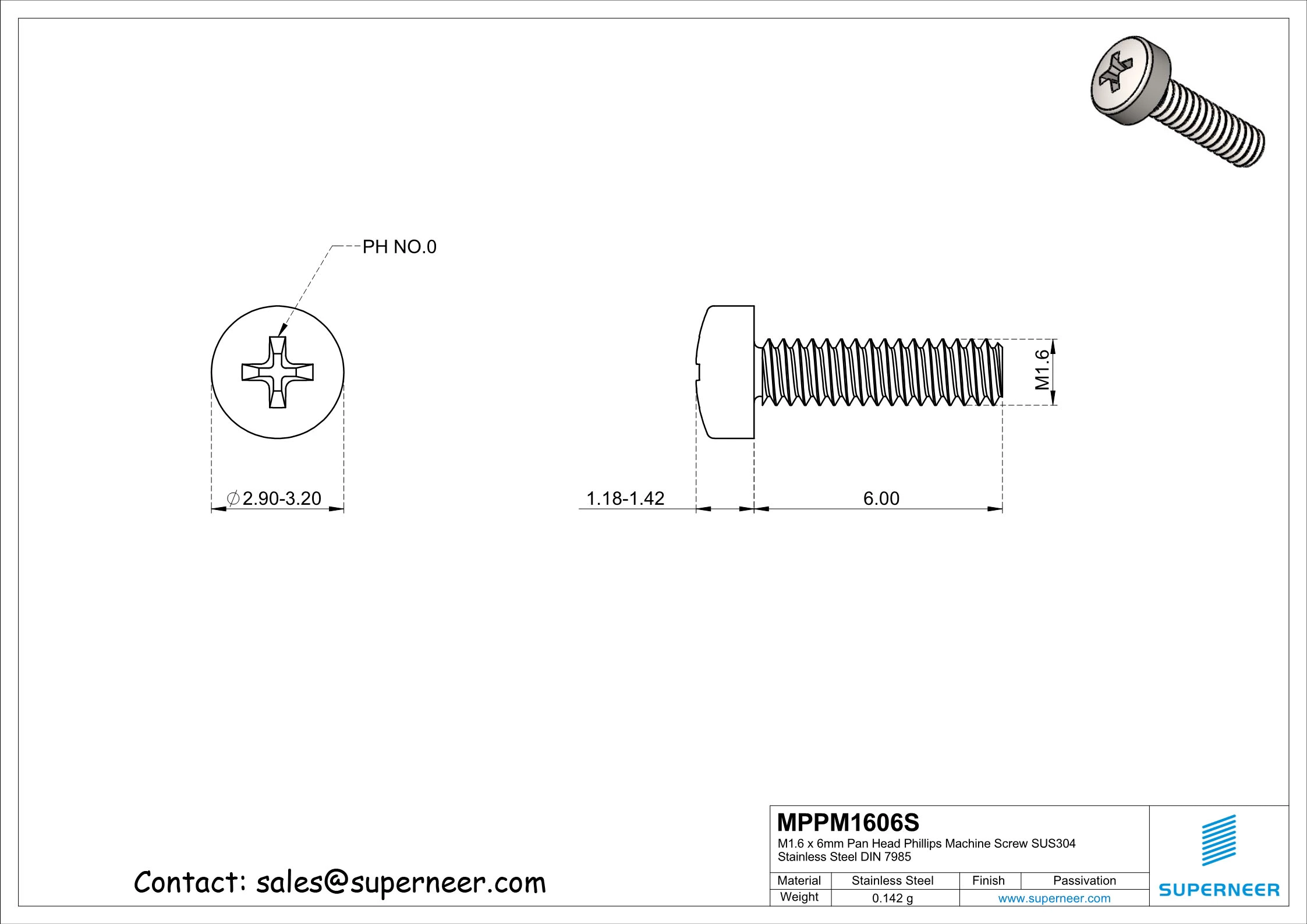 M1.6 x  6mm  Pan Head Phillips Machine Screw SUS304 Stainless Steel Inox DIN 7985
