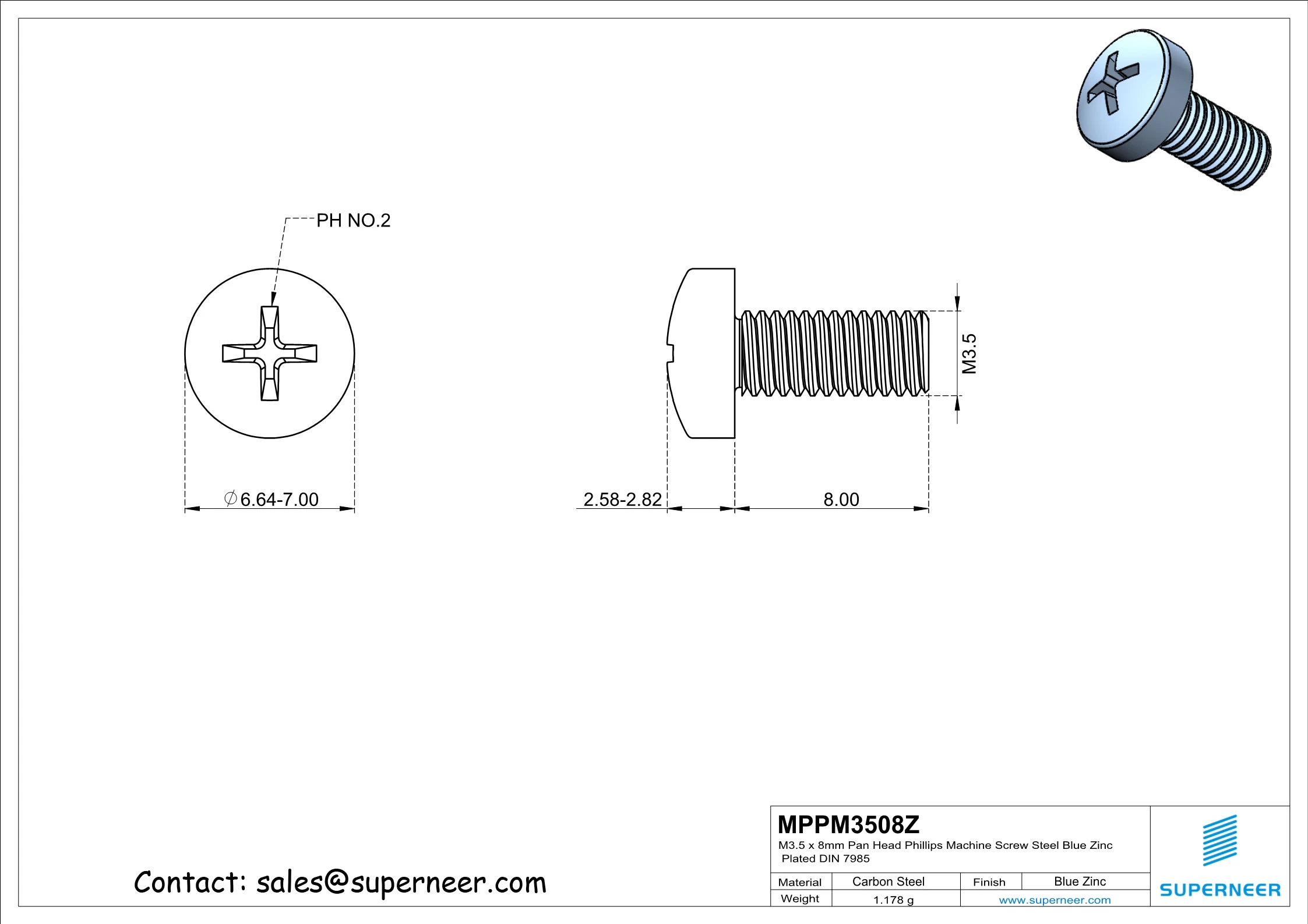 M3.5 x 8 mm Pan Head Phillips Machine Screw Steel Blue Zinc Plated DIN 7985