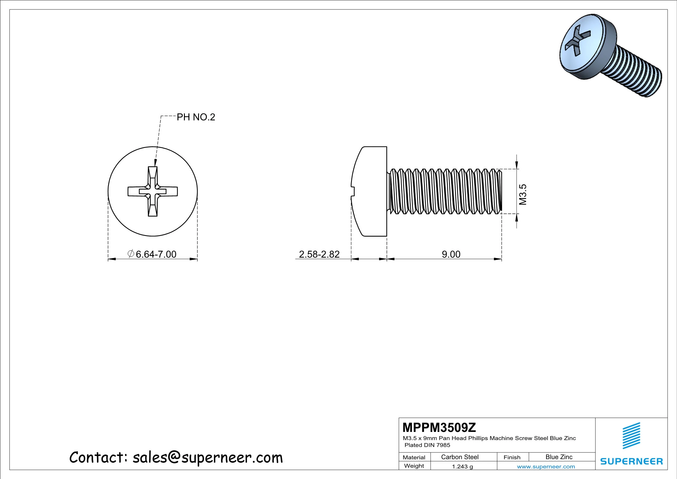 M3.5 x 9 mm Pan Head Phillips Machine Screw Steel Blue Zinc Plated DIN 7985