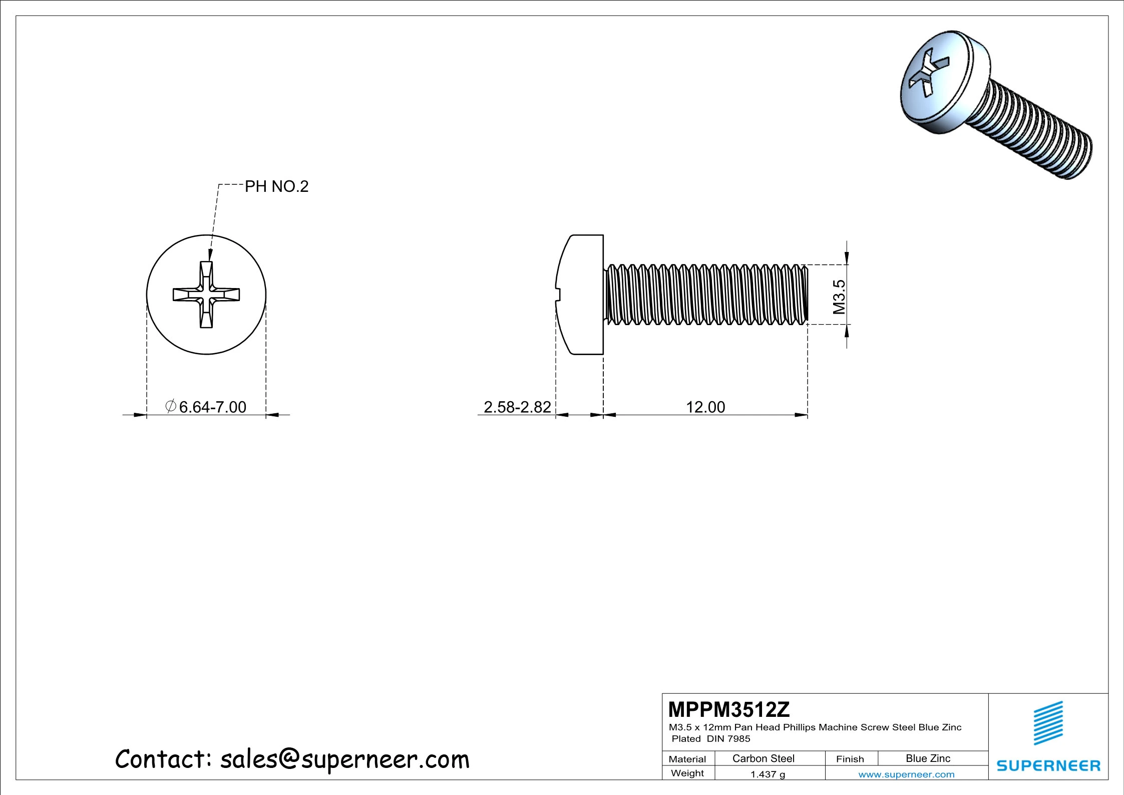 M3.5 x 12 mm Pan Head Phillips Machine Screw Steel Blue Zinc Plated DIN 7985